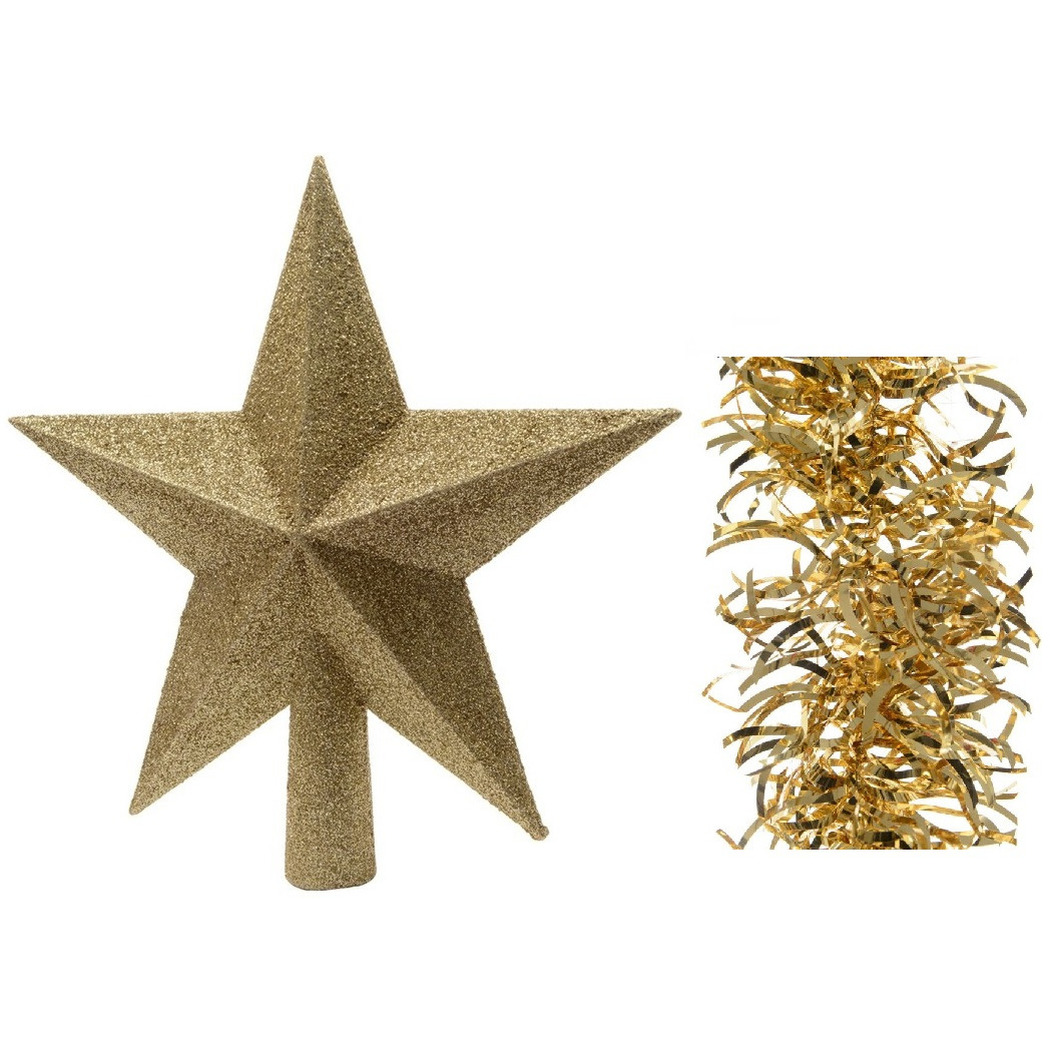 Kerstversiering kunststof glitter ster piek 19 cm en golf folieslingers pakket goud van 3x stuks