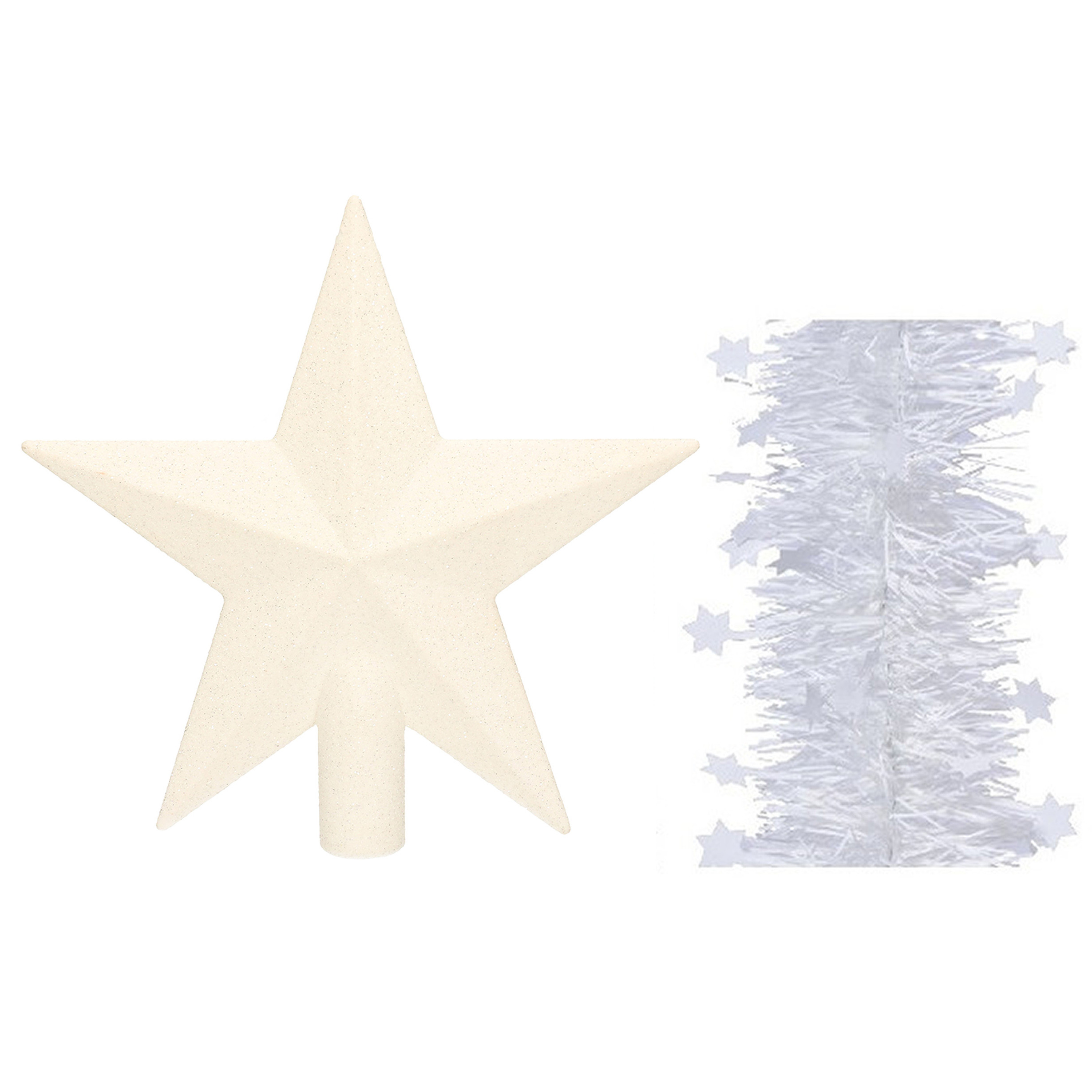 Kerstversiering kunststof glitter ster piek 19 cm en sterren slingers pakket winter wit van 3x stuks