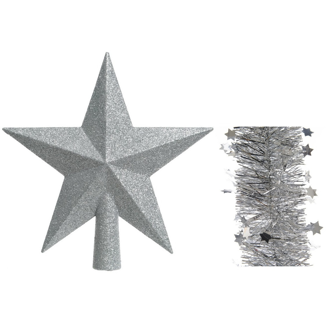 Kerstversiering kunststof glitter ster piek 19 cm en sterren slingers pakket zilver van 3x stuks