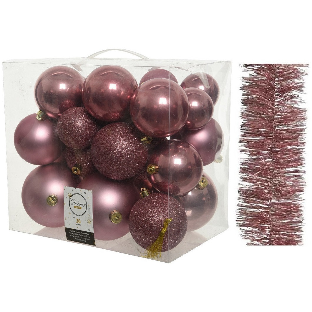 Kerstversiering kunststof kerstballen 6-8-10 cm met folieslingers pakket oud roze van 28x stuks