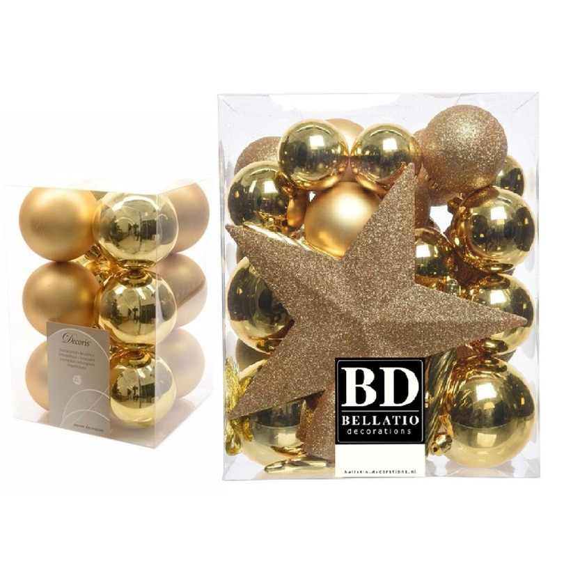 Kerstversiering kunststof kerstballen met piek goud 5-6-8 cm pakket van 45x stuks