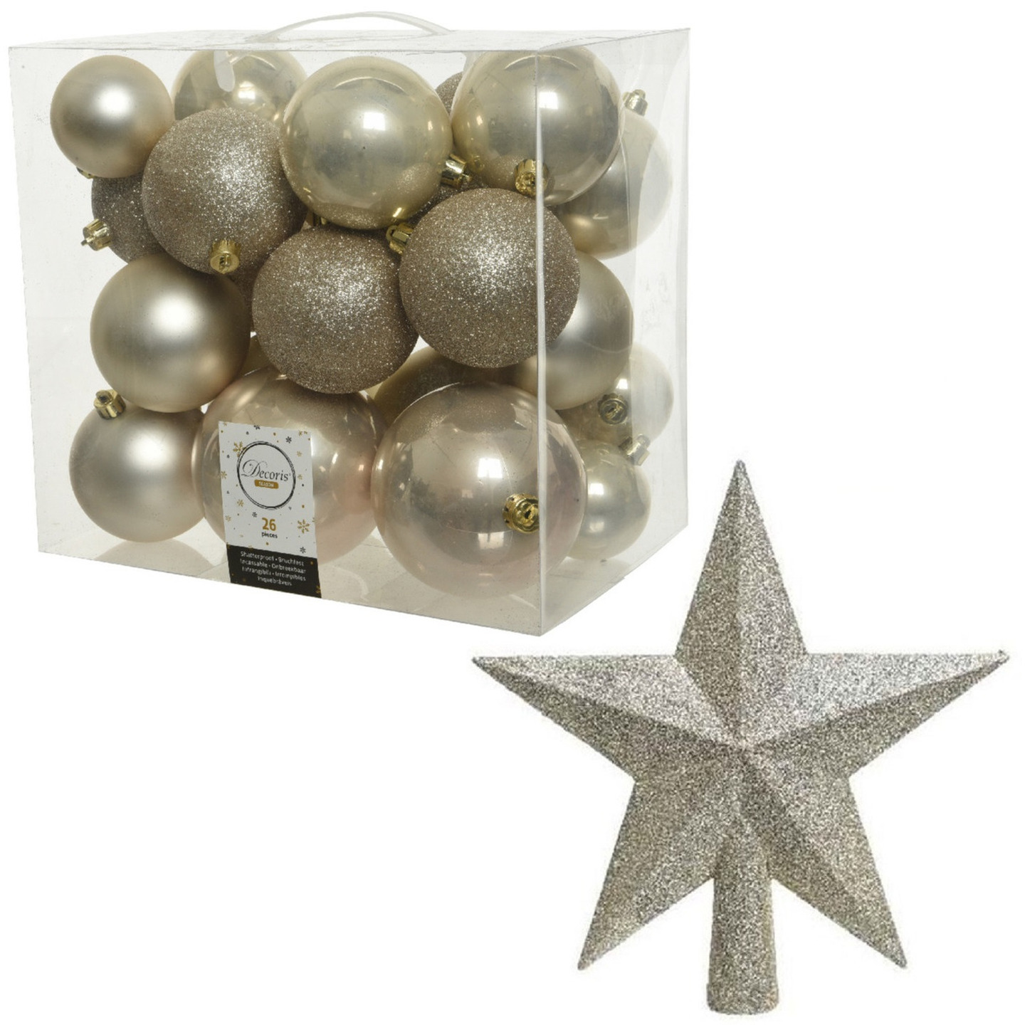 Kerstversiering kunststof kerstballen met piek parel-champagne 6-8-10 cm pakket van 27x stuks