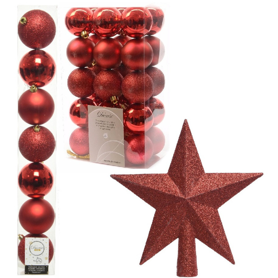 Kerstversiering kunststof kerstballen met piek rood 4-5-6-8 cm pakket van 34x stuks