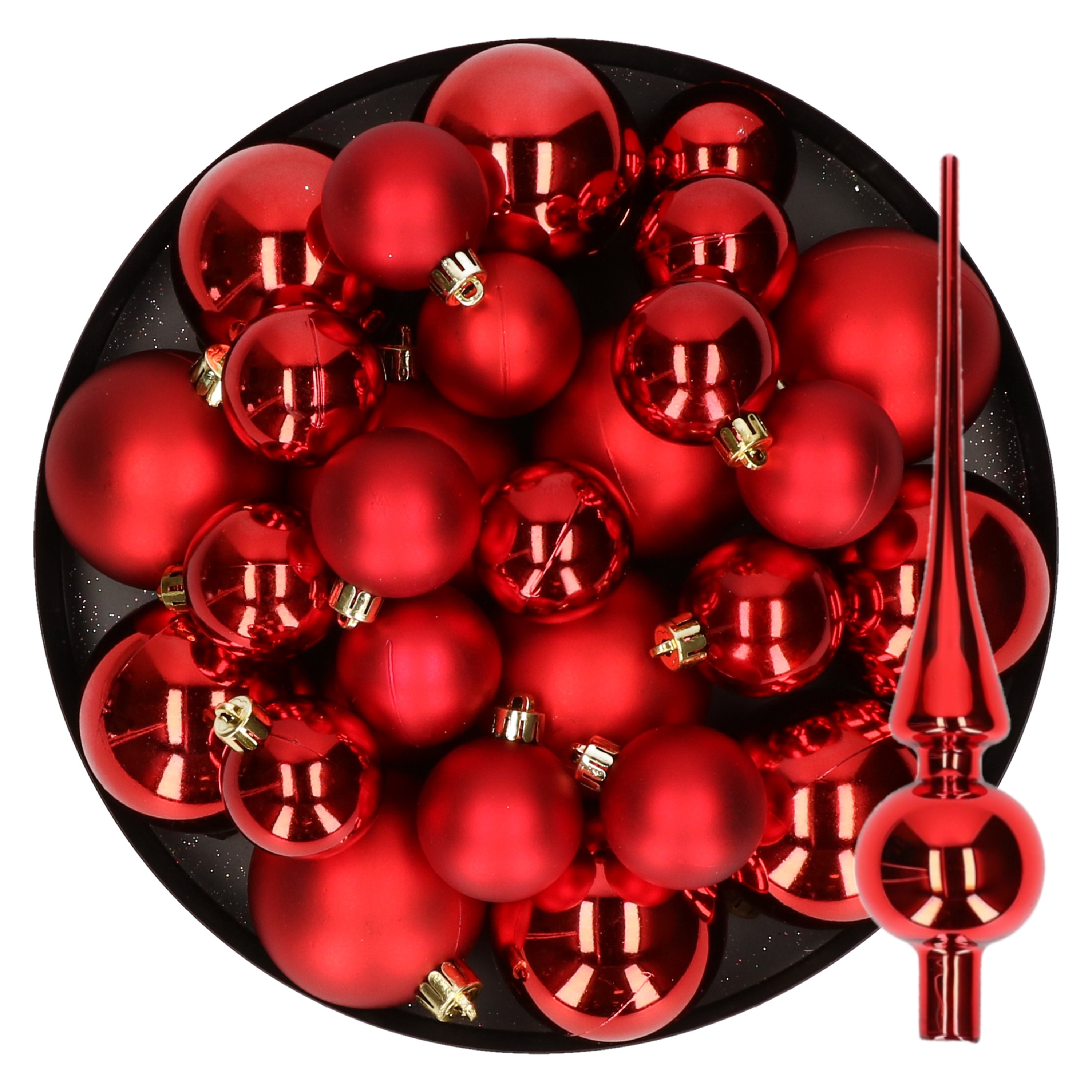 Kerstversiering kunststof kerstballen met piek rood 6-8-10 cm pakket van 37x stuks