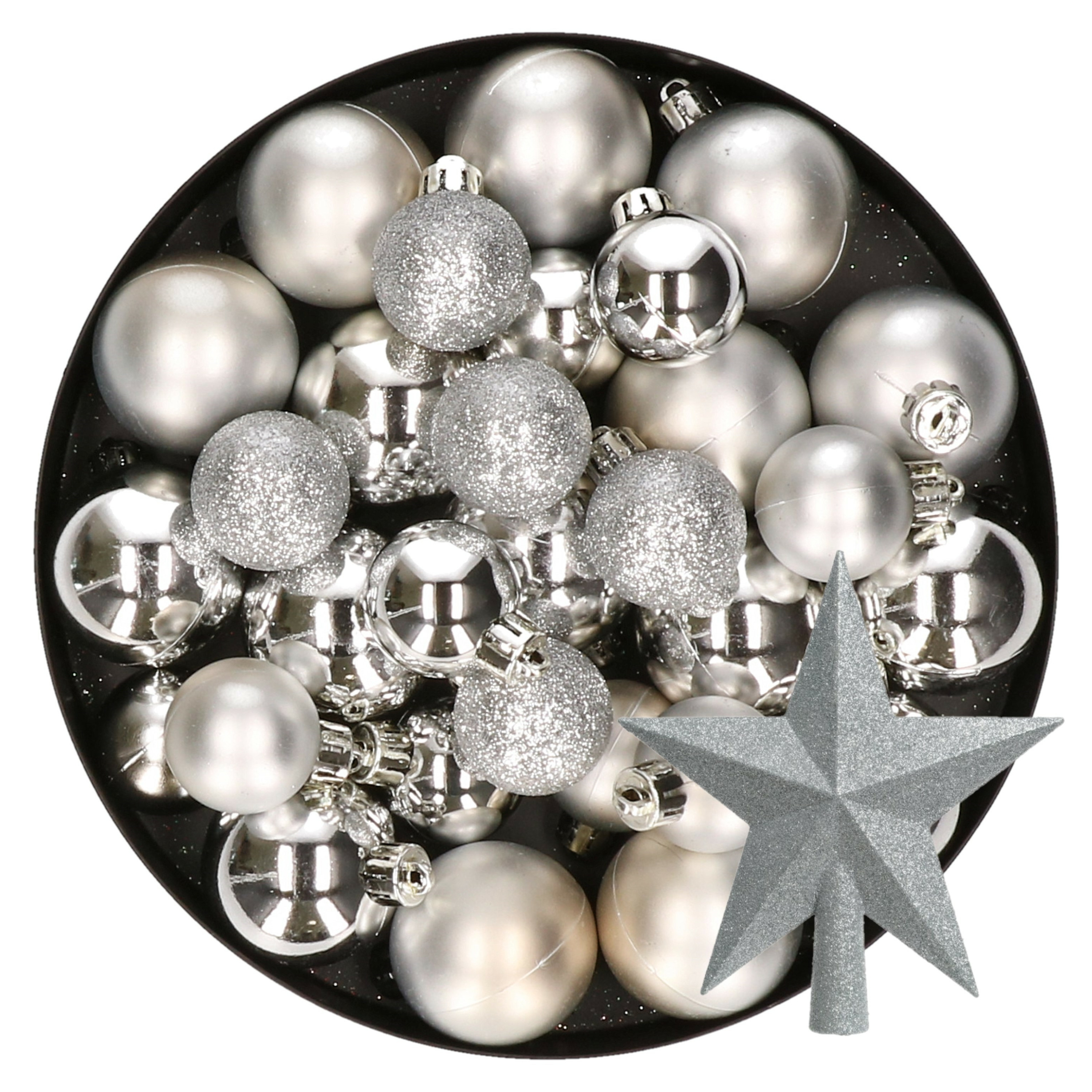 Kerstversiering kunststof kerstballen met piek zilver 4-5-6-8 cm pakket van 38x stuks