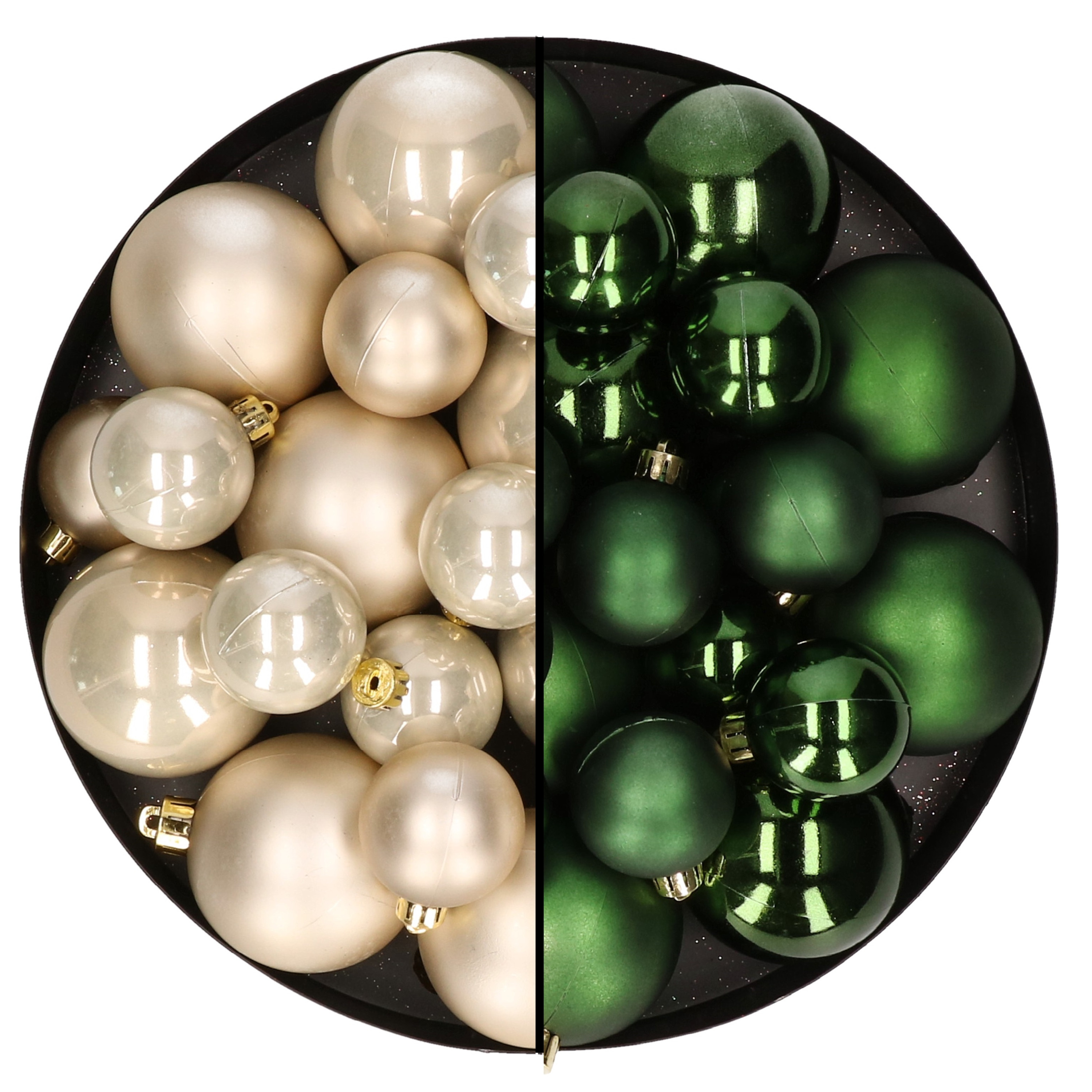 Kerstversiering kunststof kerstballen mix champagne-donkergroen 6-8-10 cm pakket van 44x stuks