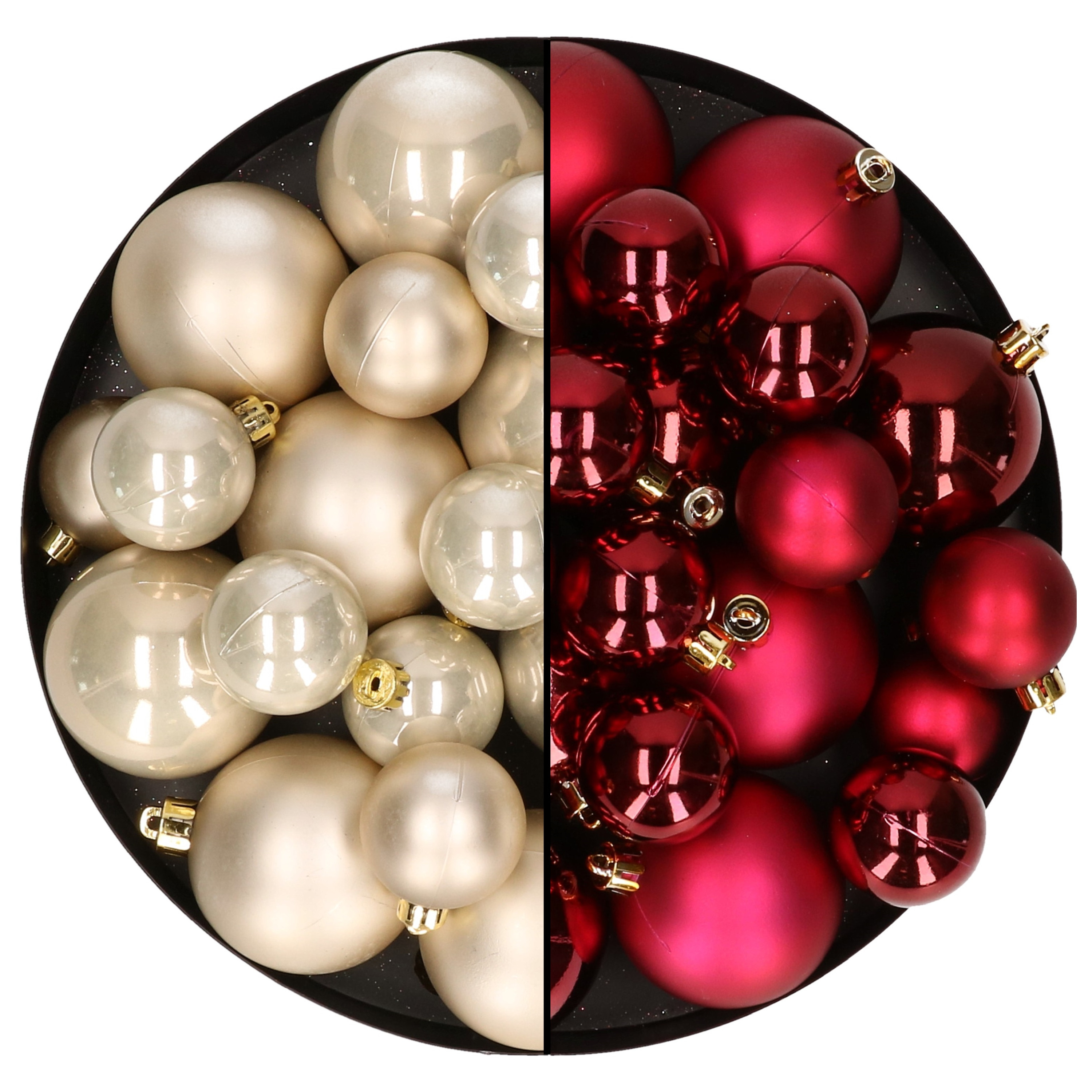 Kerstversiering kunststof kerstballen mix champagne-donkerrood 6-8-10 cm pakket van 44x stuks