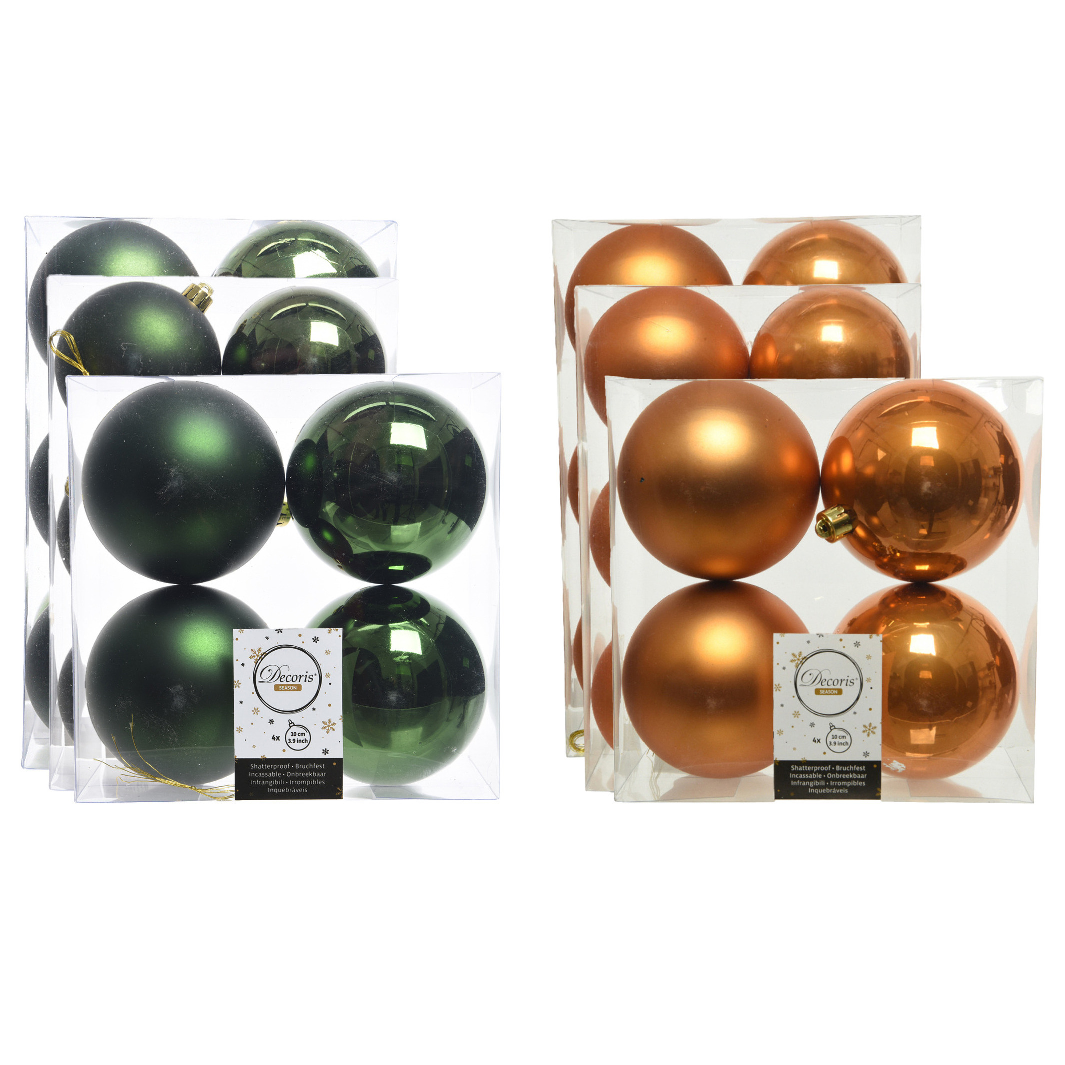 Kerstversiering kunststof kerstballen mix cognac-donkergroen 6-8-10 cm pakket van 44x stuks