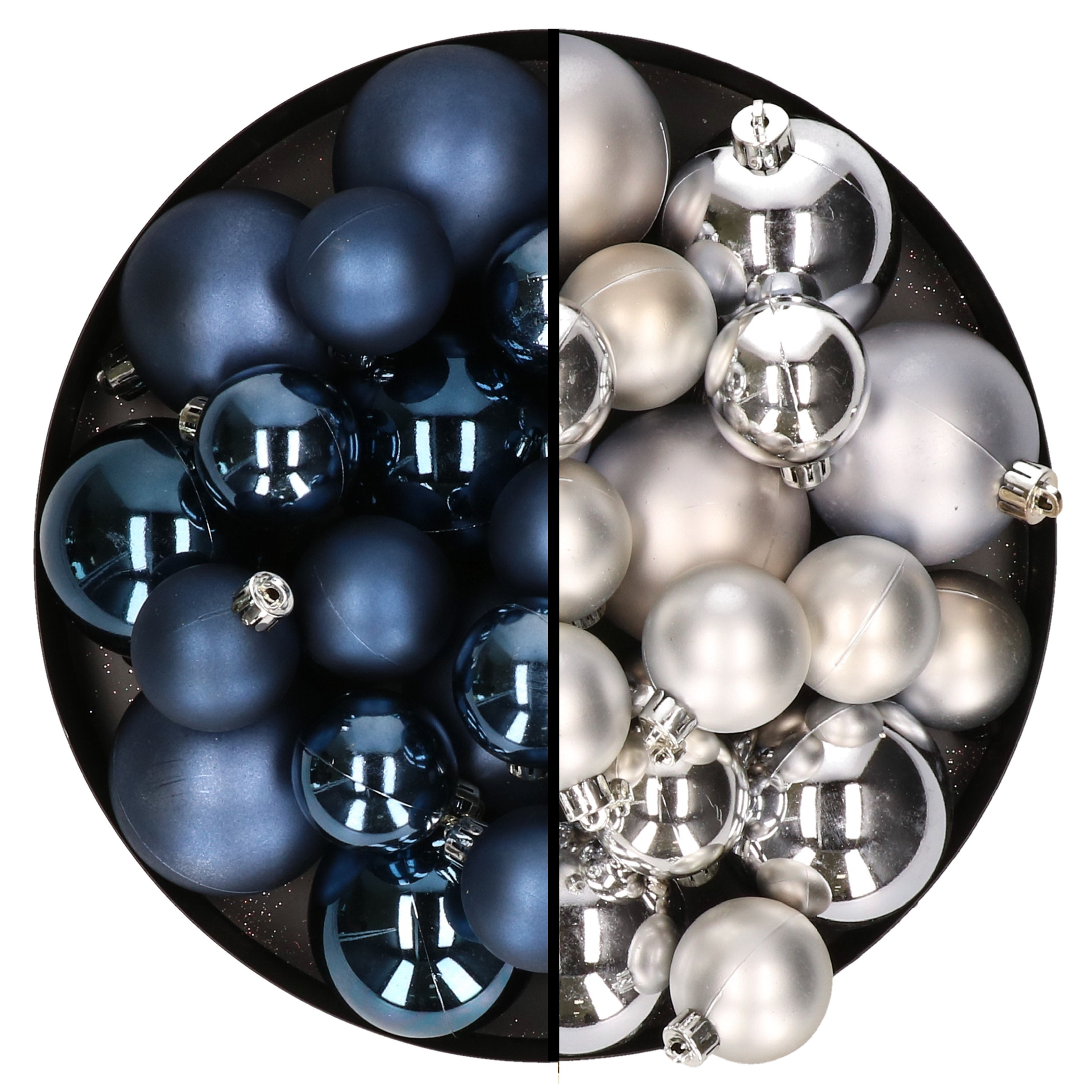 Kerstversiering kunststof kerstballen mix donkerblauw-zilver 4-6-8 cm pakket van 68x stuks