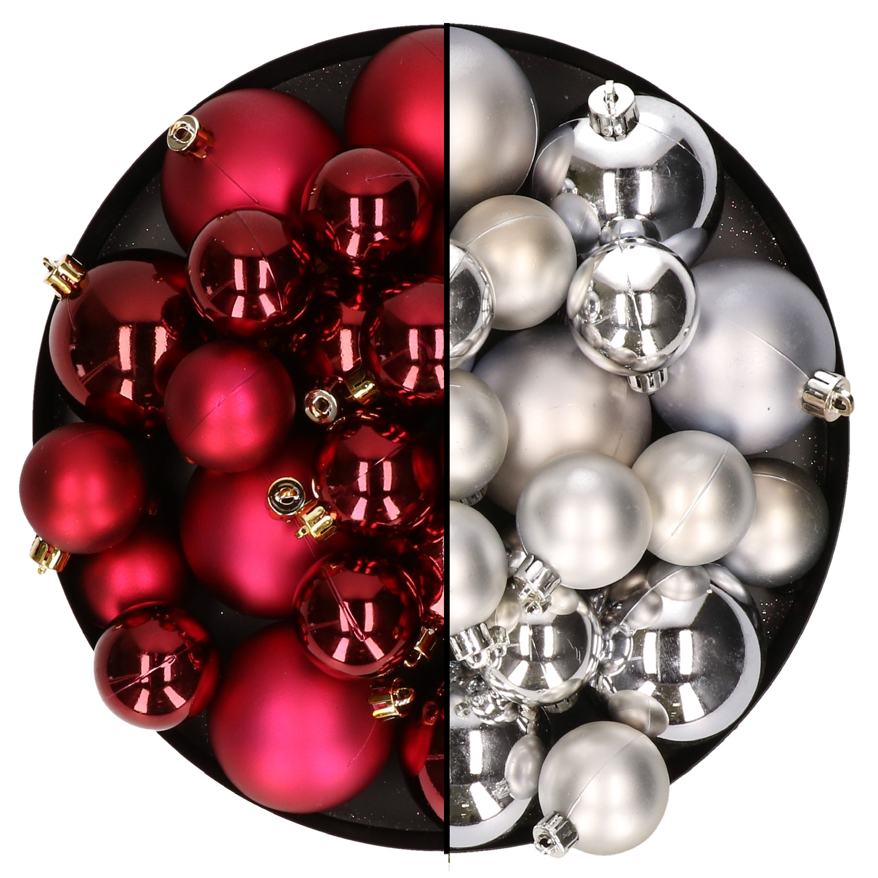 Kerstversiering kunststof kerstballen mix donkerrood-zilver 6-8-10 cm pakket van 44x stuks