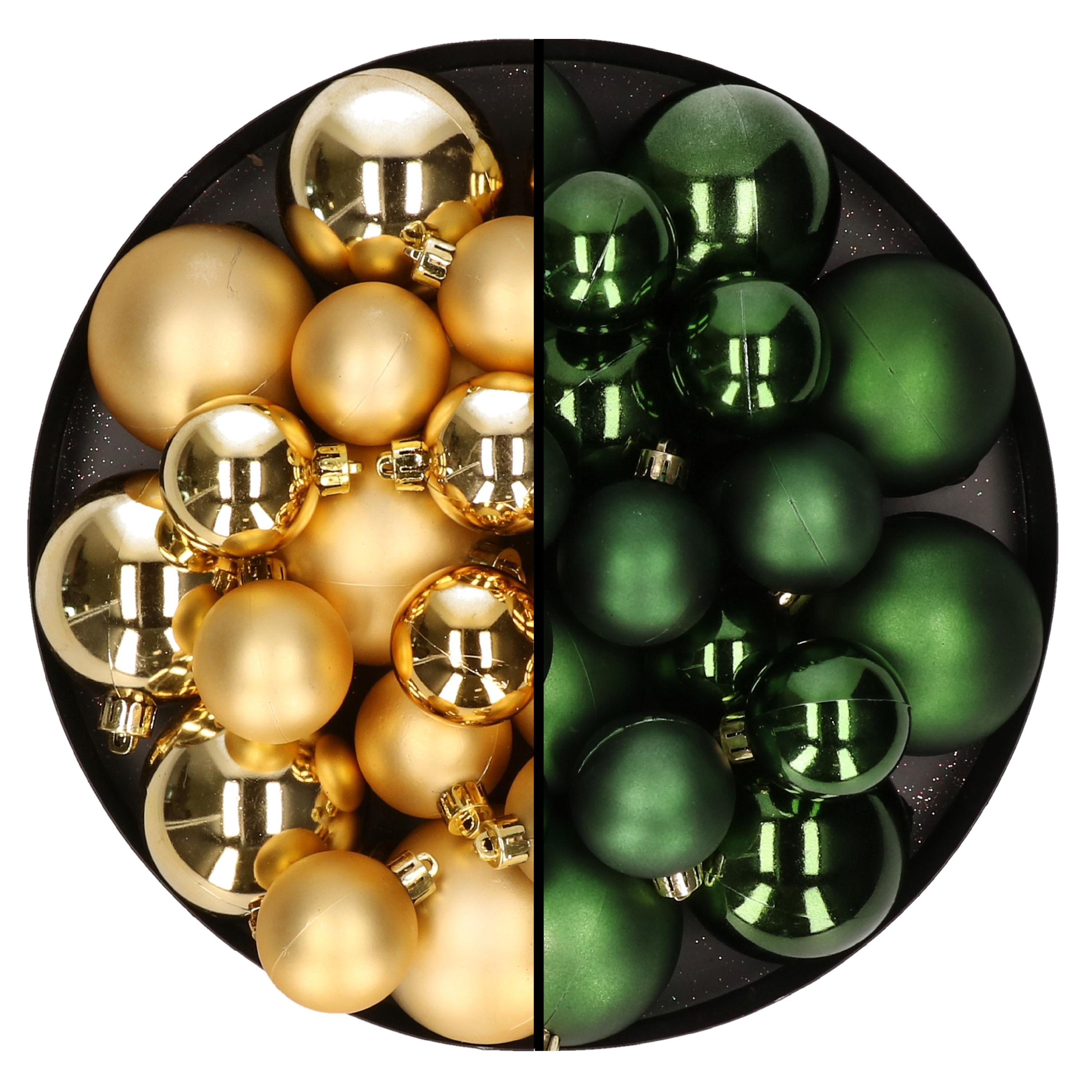 Kerstversiering kunststof kerstballen mix goud-donkergroen 6-8-10 cm pakket van 44x stuks