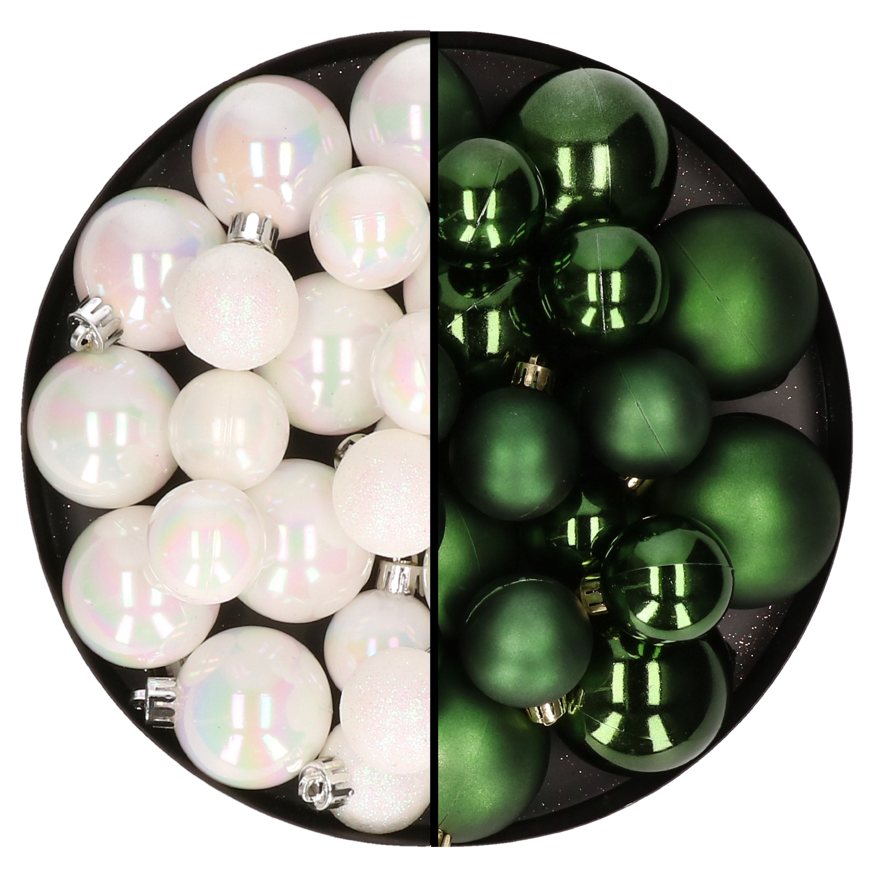 Kerstversiering kunststof kerstballen mix parelmoer wit-donkergroen 6-8-10 cm pakket van 44x stuks