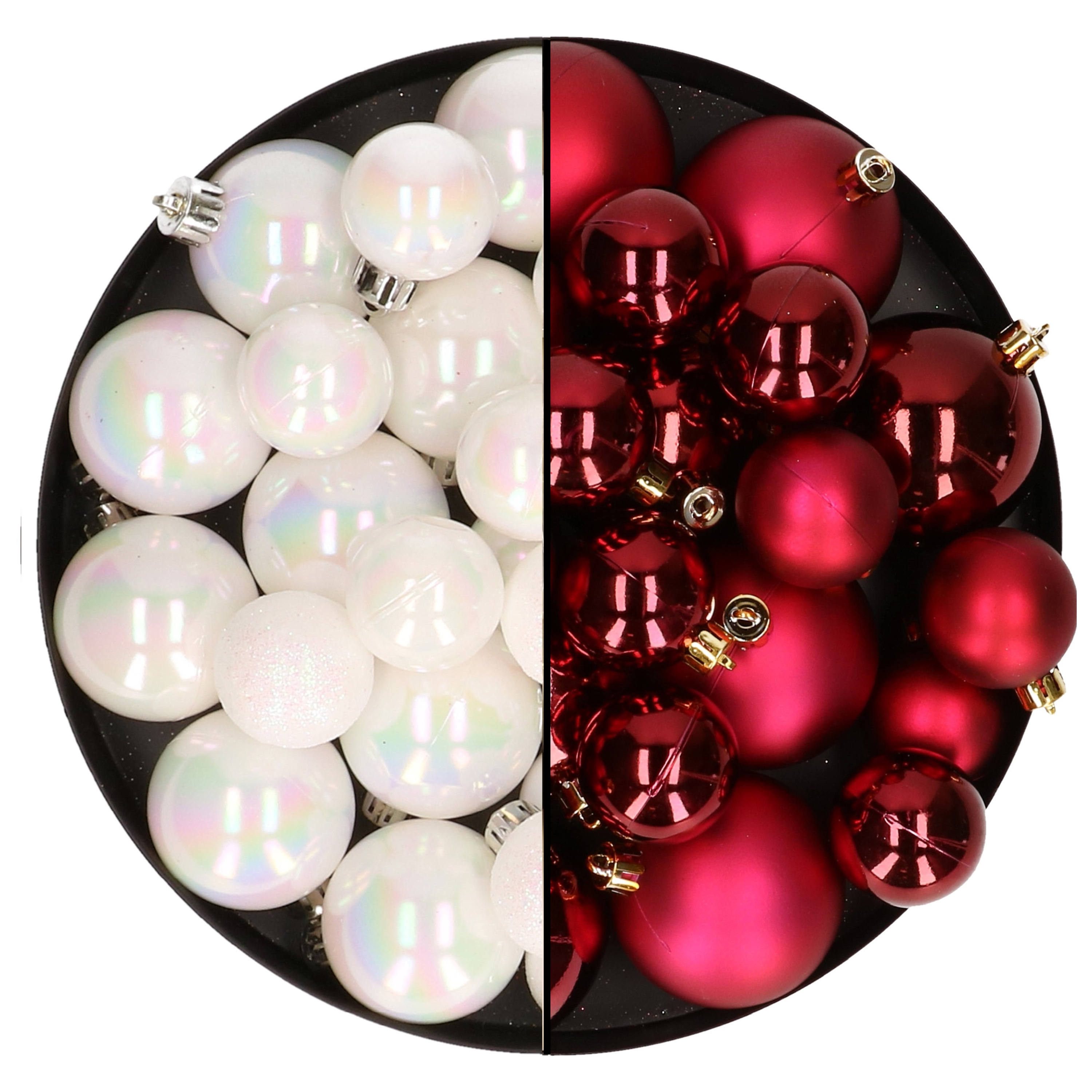 Kerstversiering kunststof kerstballen mix parelmoer wit-donkerrood 6-8-10 cm pakket van 44x stuks