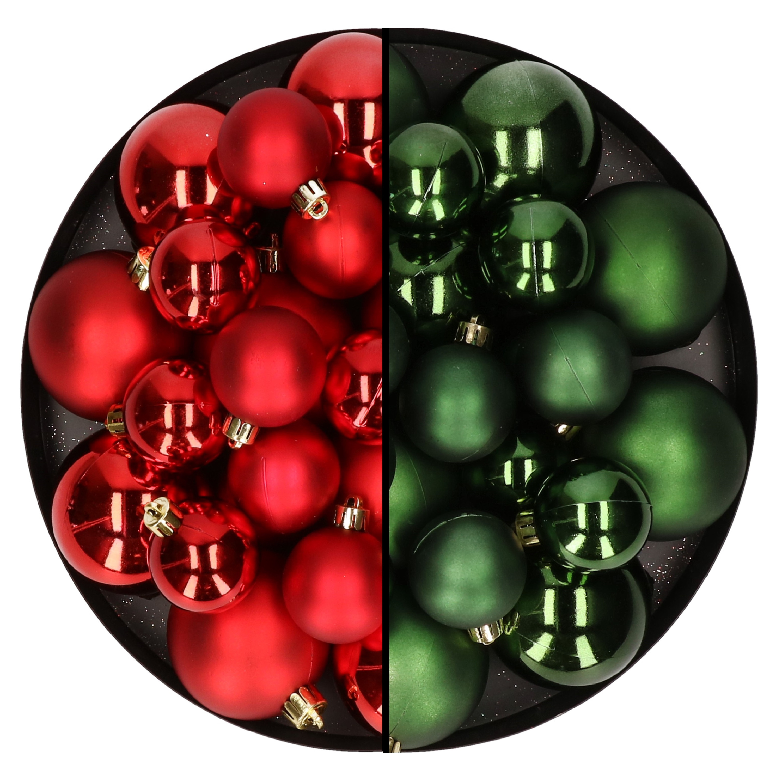 Kerstversiering kunststof kerstballen mix rood-donkergroen 6-8-10 cm pakket van 44x stuks