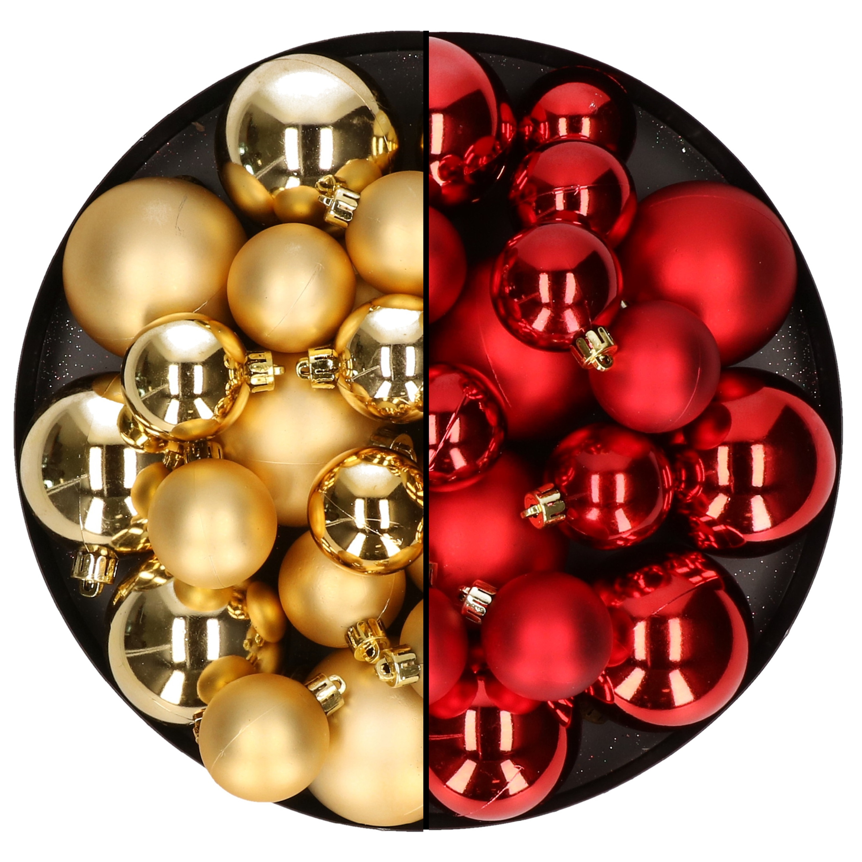 Kerstversiering kunststof kerstballen mix rood-goud 6-8-10 cm pakket van 44x stuks