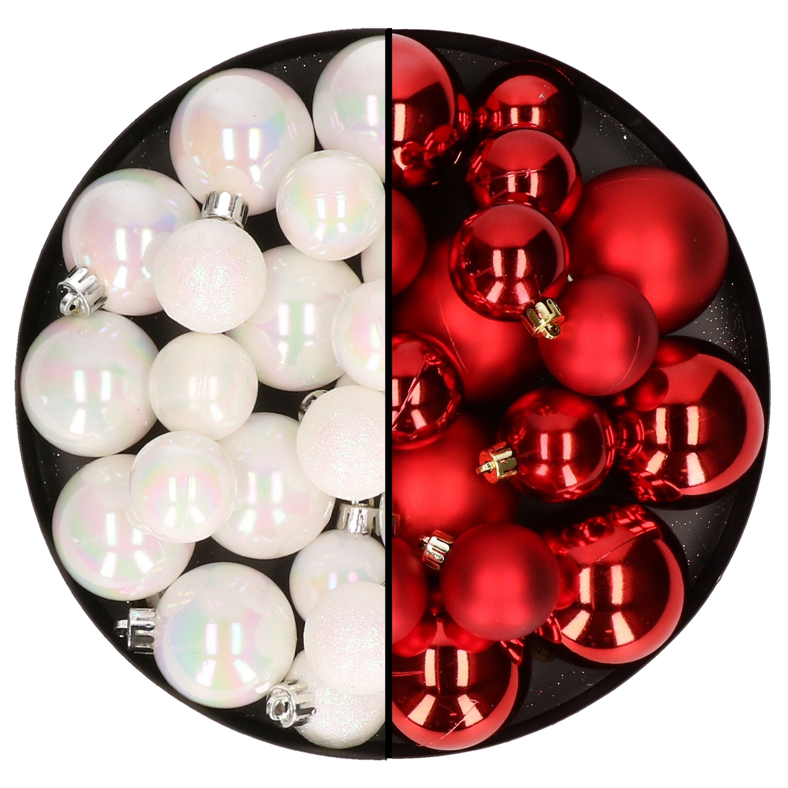 Kerstversiering kunststof kerstballen mix rood-parelmoer wit 4-6-8 cm pakket van 68x stuks