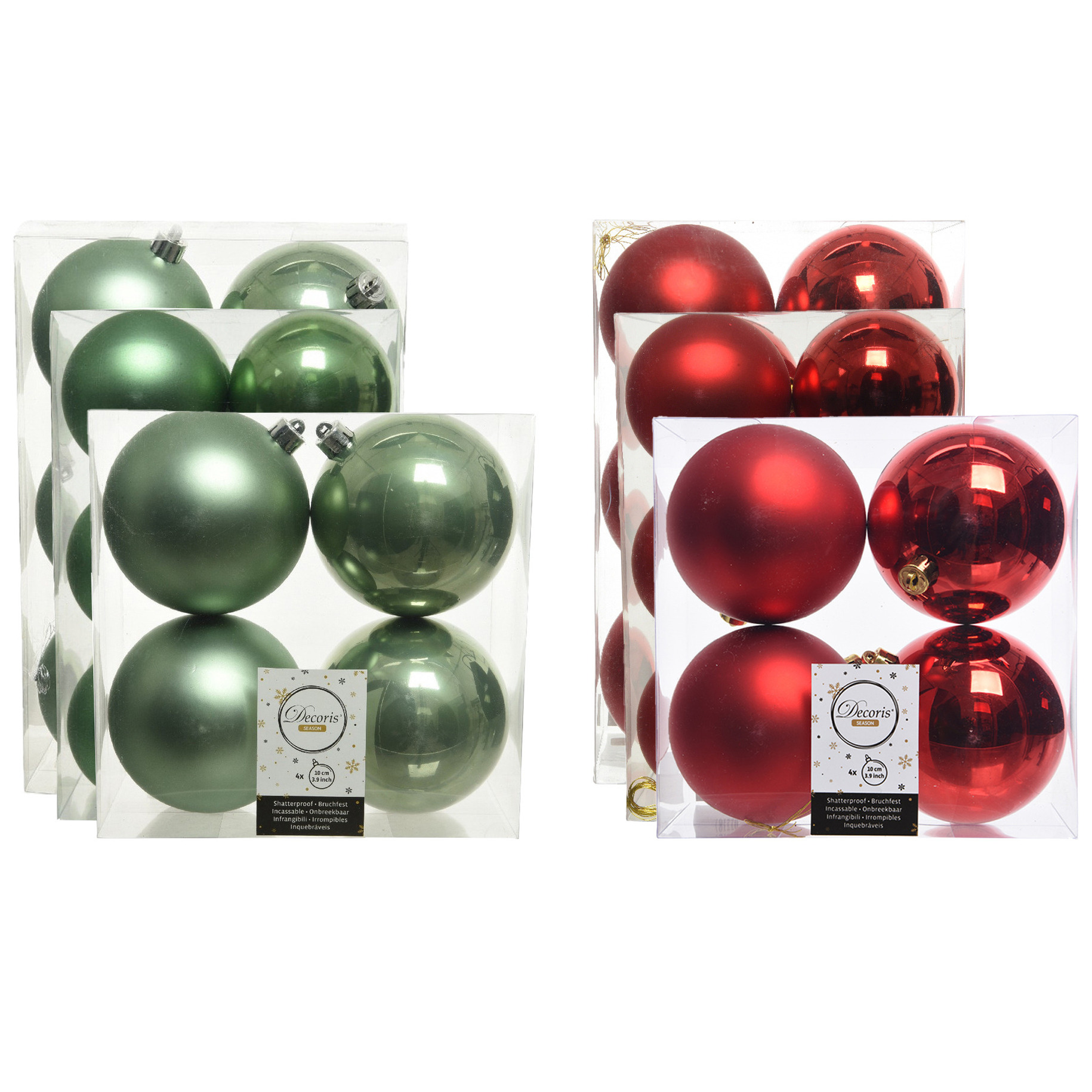 Kerstversiering kunststof kerstballen mix rood-salie groen 6-8-10 cm pakket van 44x stuks