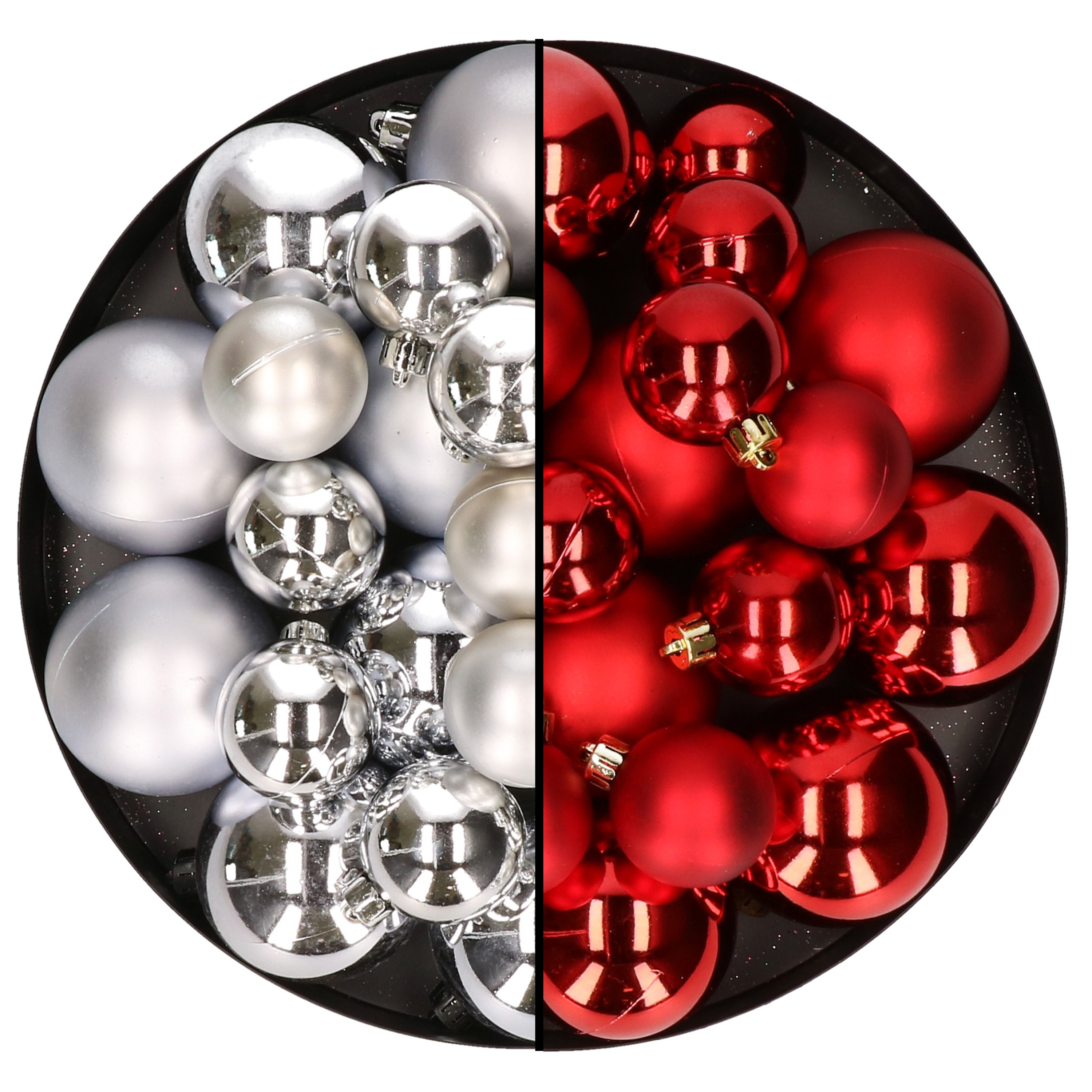 Kerstversiering kunststof kerstballen mix rood-zilver 6-8-10 cm pakket van 44x stuks