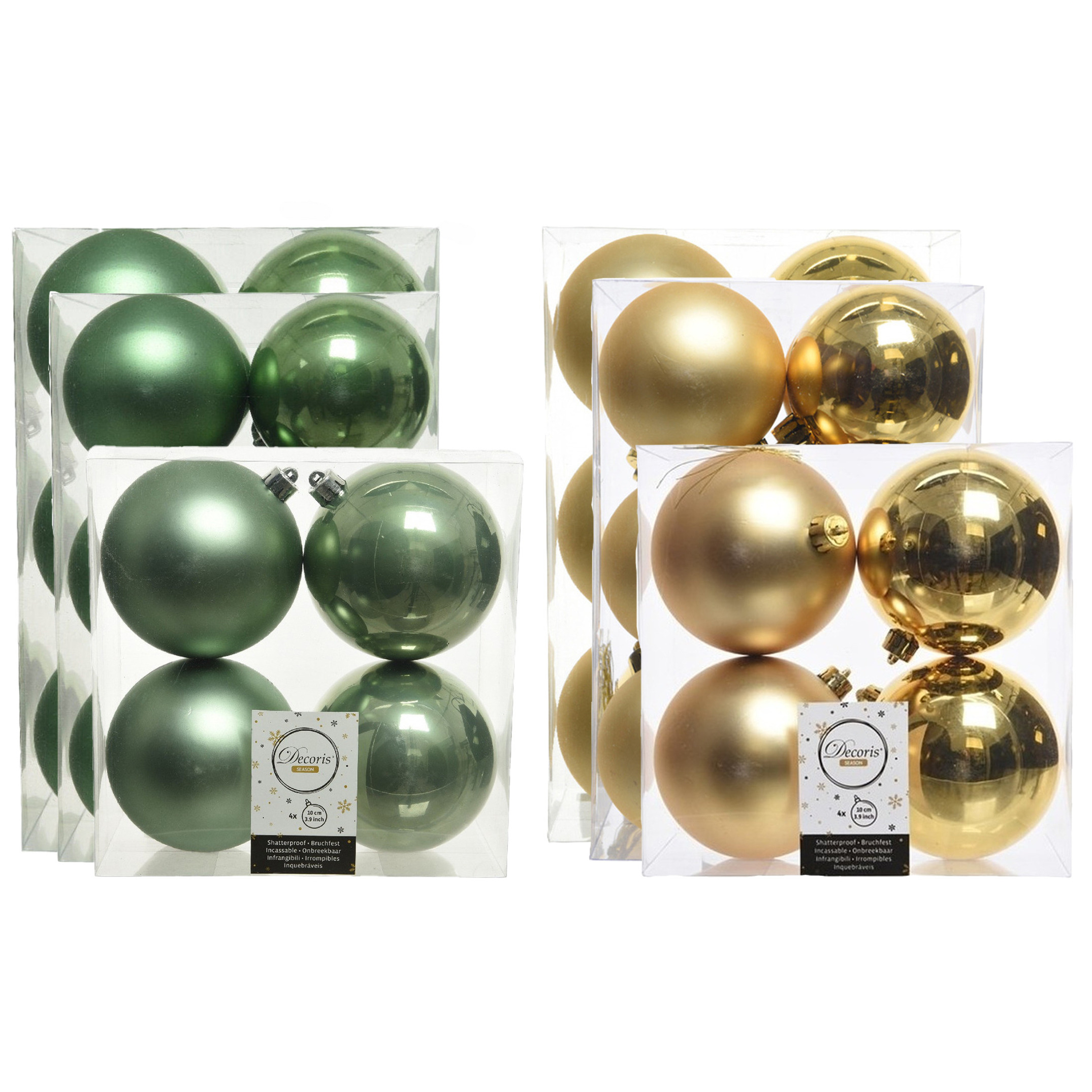 Kerstversiering kunststof kerstballen mix salie groen-goud 6-8-10 cm pakket van 44x stuks