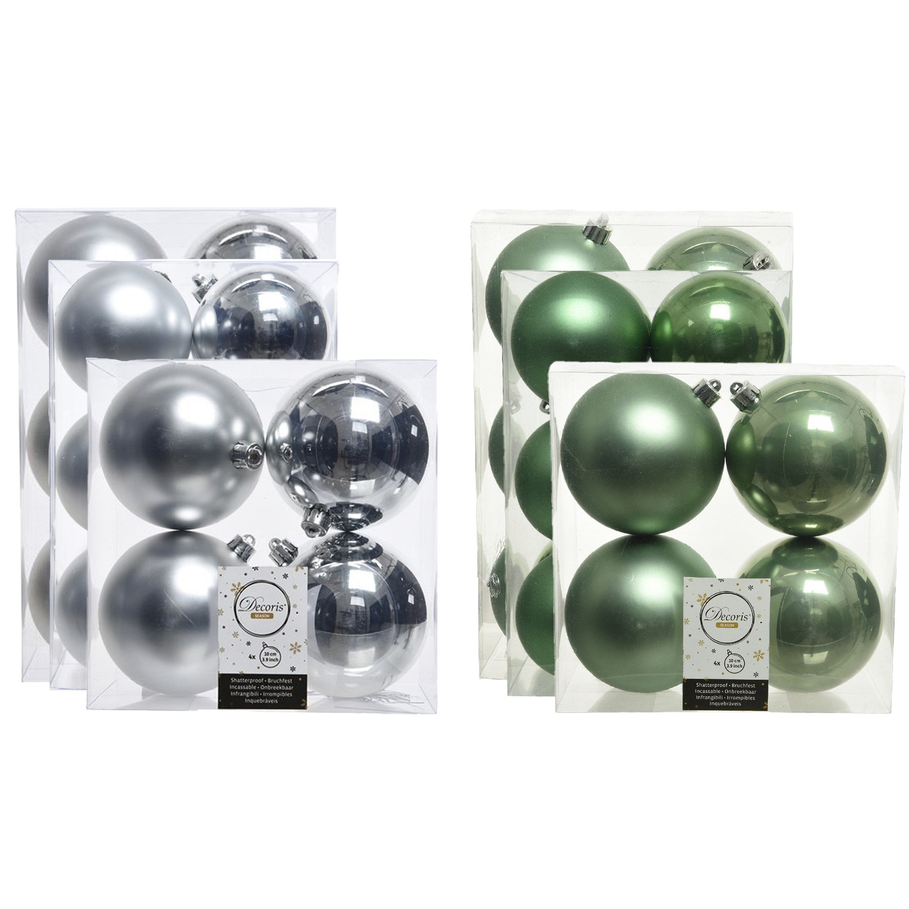 Kerstversiering kunststof kerstballen mix salie groen-zilver 6-8-10 cm pakket van 44x stuks