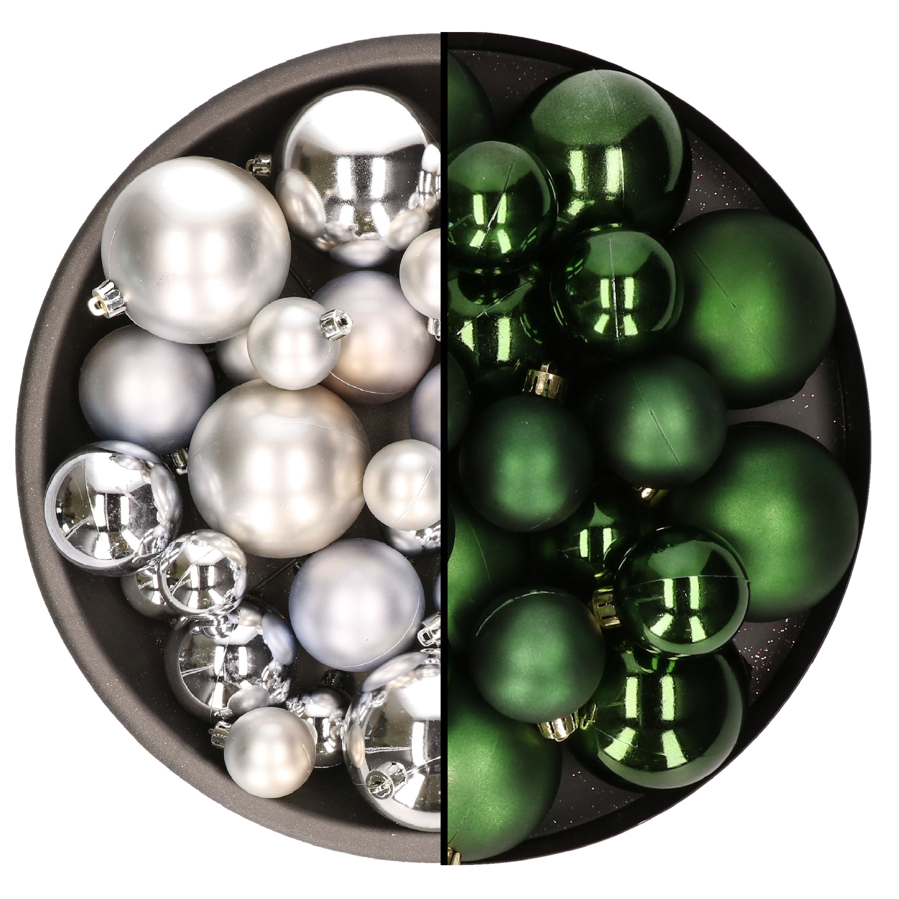 Kerstversiering kunststof kerstballen mix zilver-donkergroen 6-8-10 cm pakket van 44x stuks