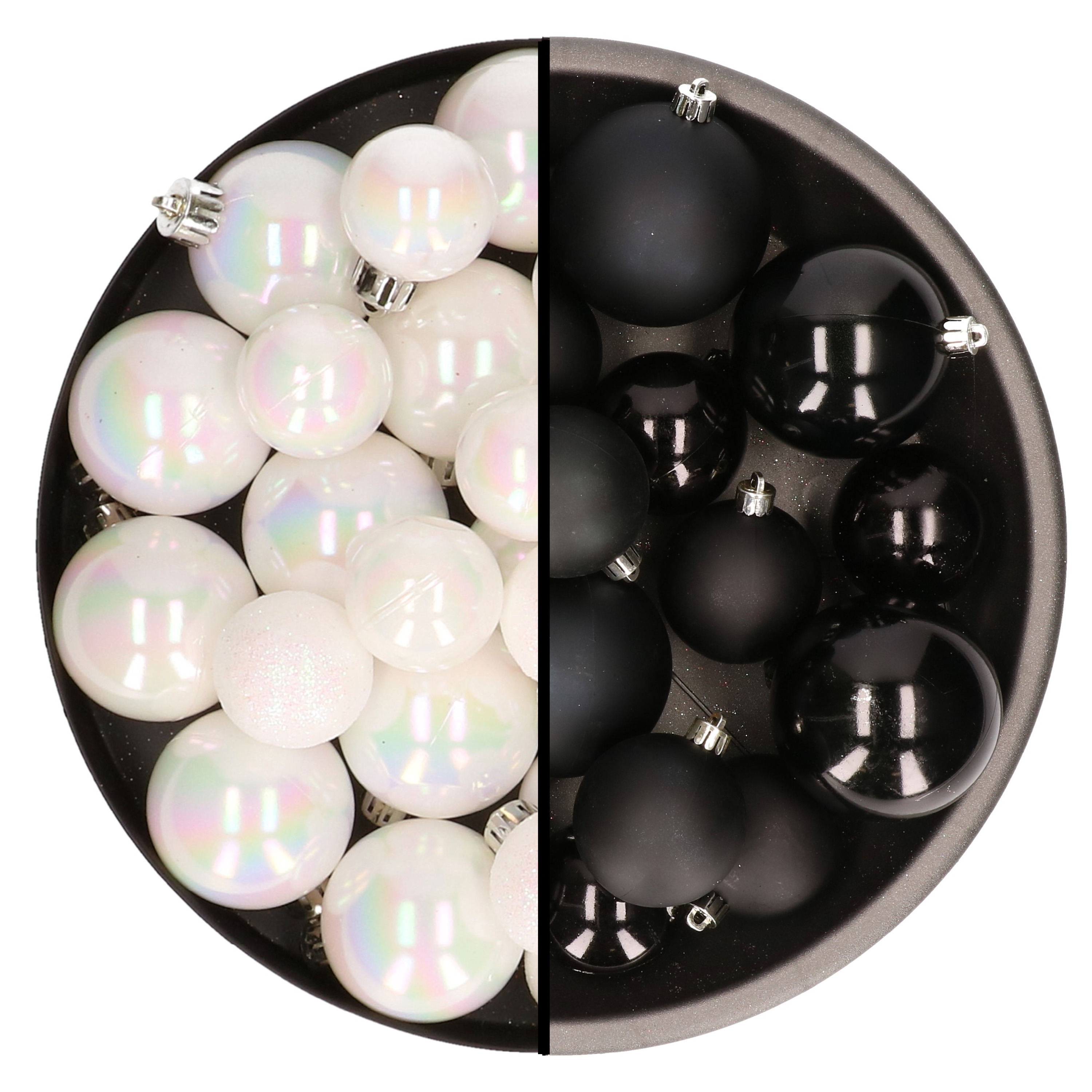 Kerstversiering kunststof kerstballen mix zwart-parelmoer wit 4-6-8 cm pakket van 68x stuks