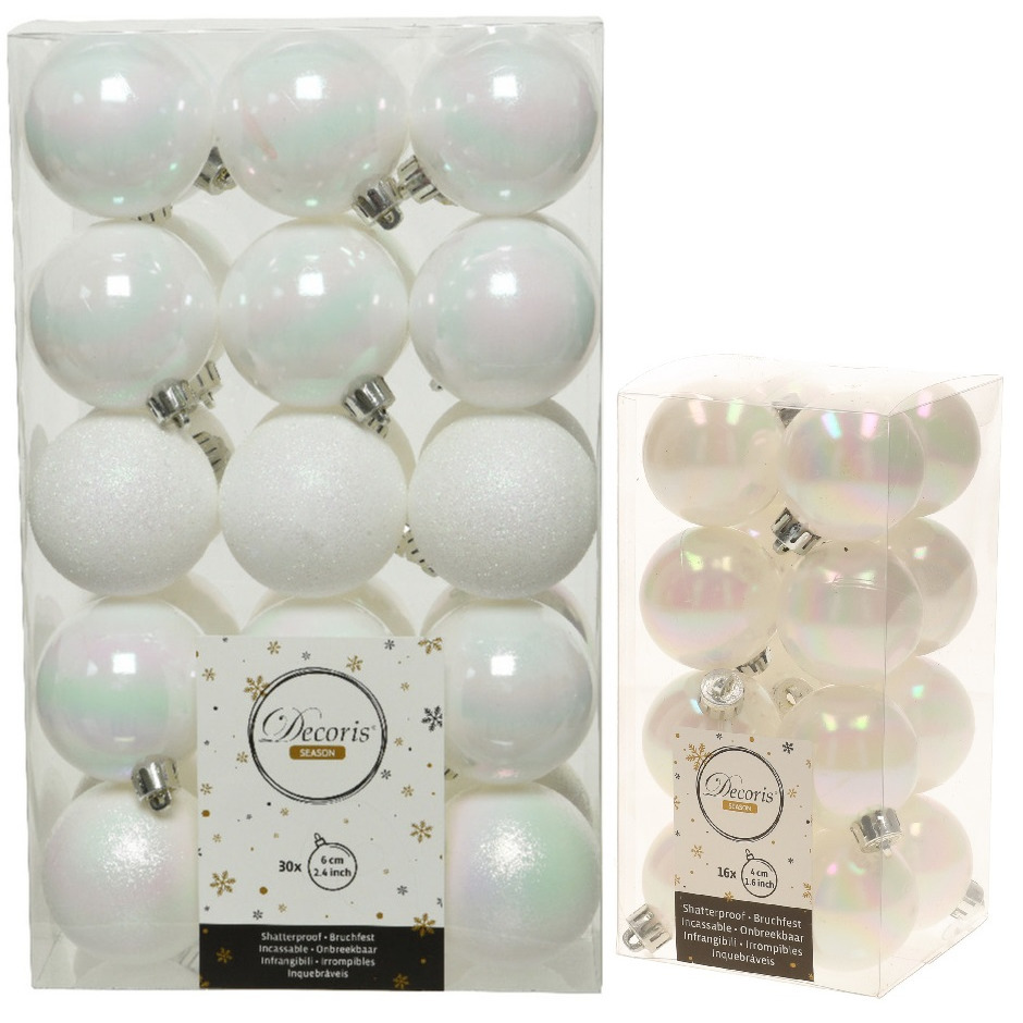 Kerstversiering kunststof kerstballen parelmoer wit 4-6 cm pakket van 46x stuks