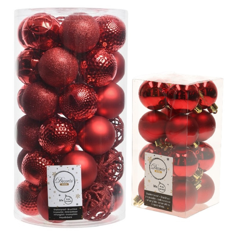 Kerstversiering kunststof kerstballen rood 4-6 cm pakket van 53x stuks