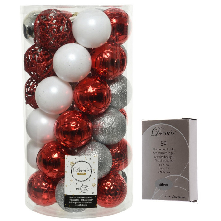 Kerstversiering mix pakket kunststof kerstballen 6 cm zilver-rood-wit 37x stuks met haakjes