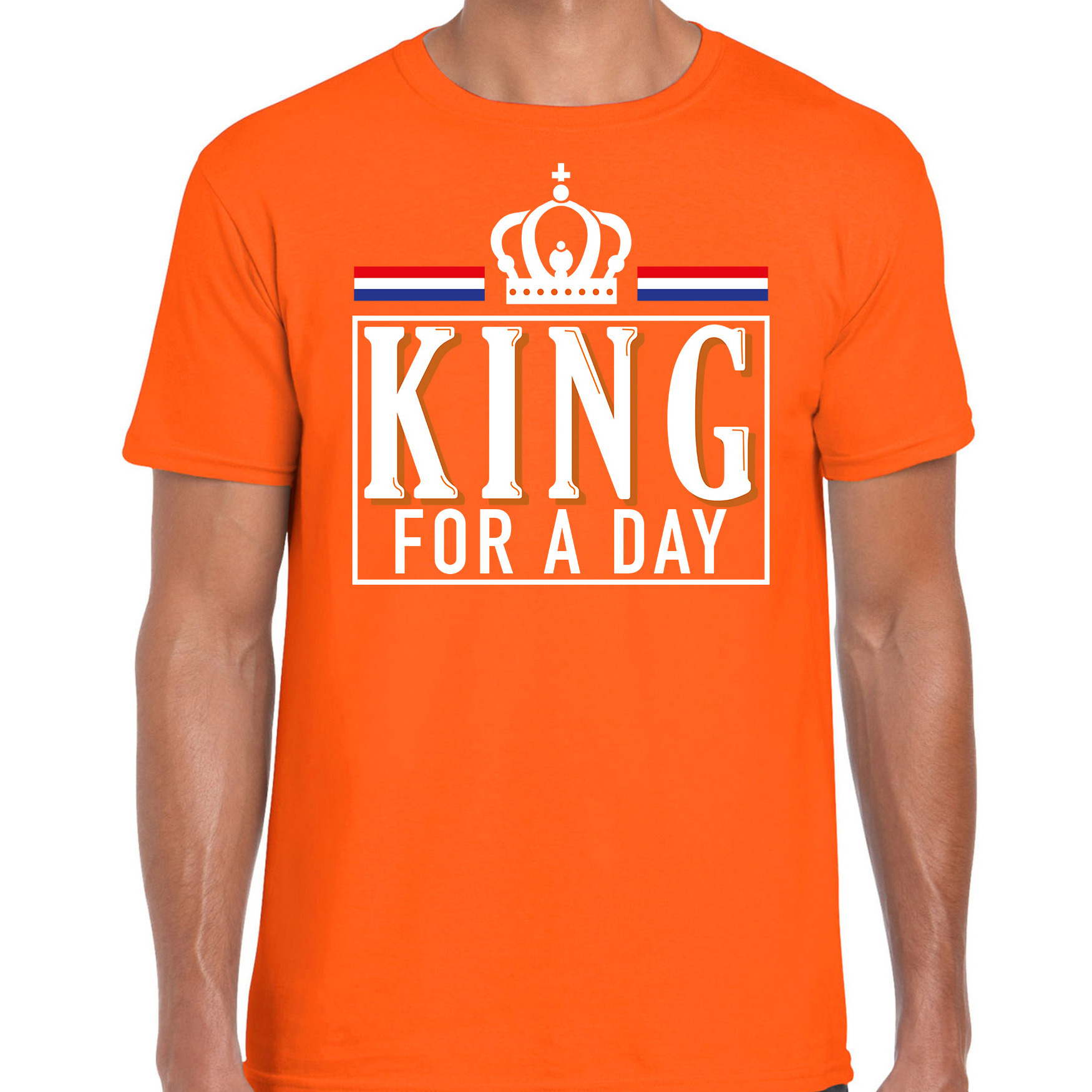 King for a day t-shirt oranje met witte letters voor heren Koningsdag shirts