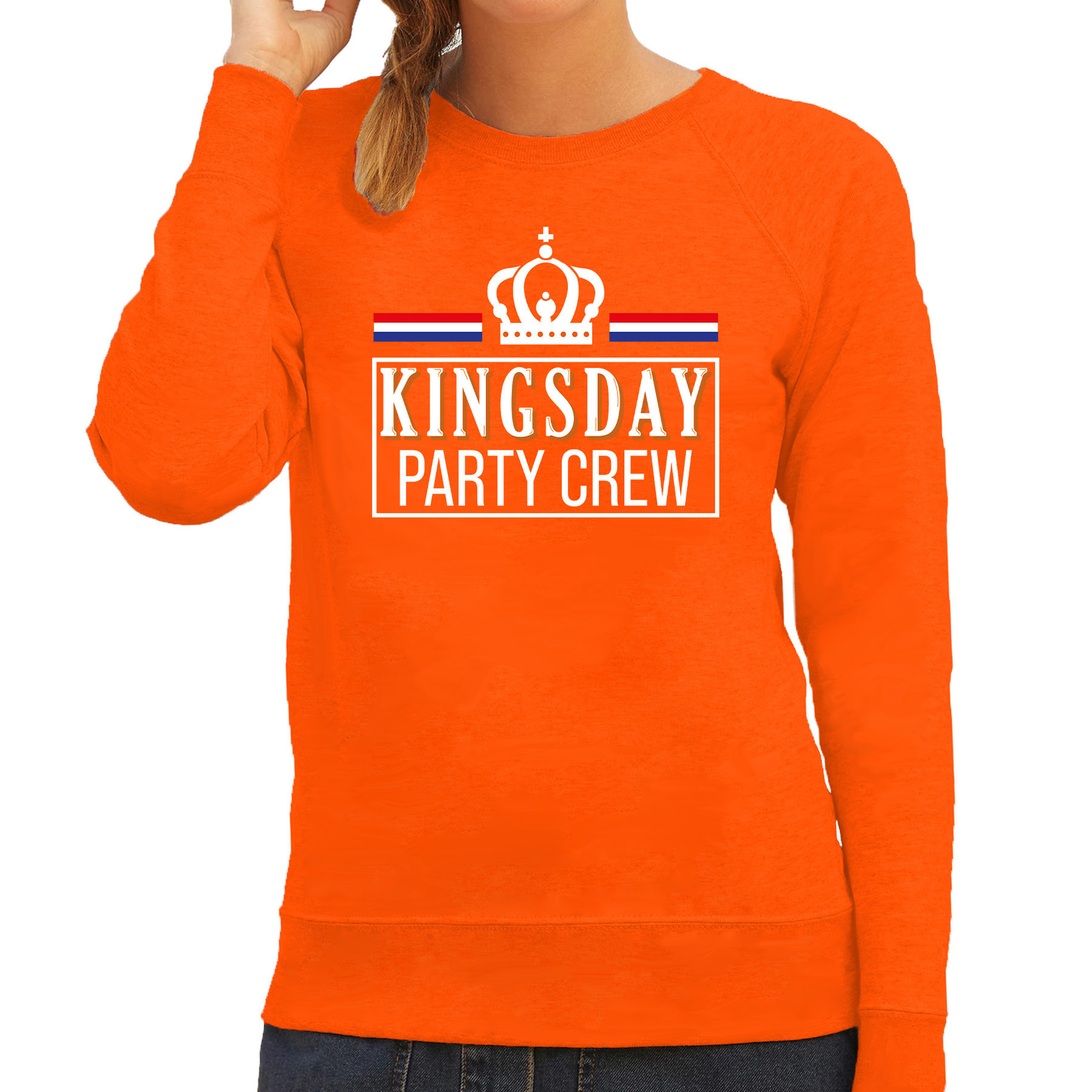 Kingsday party crew sweater oranje met witte letters voor dames Koningsdag truien