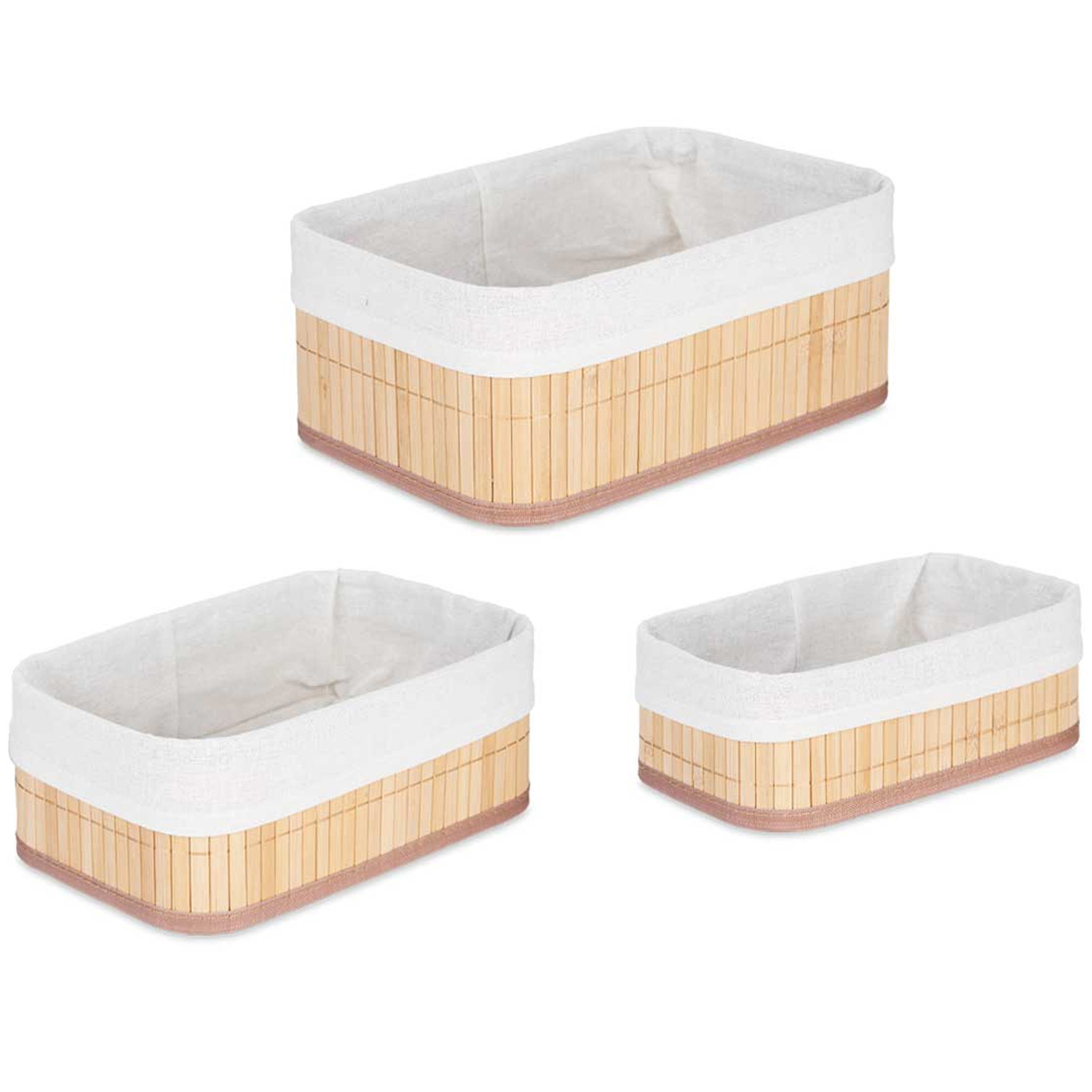 Kipit Badkamer-Toilet ruimte opbergmandjes bamboe-stof wit set 3x stuks