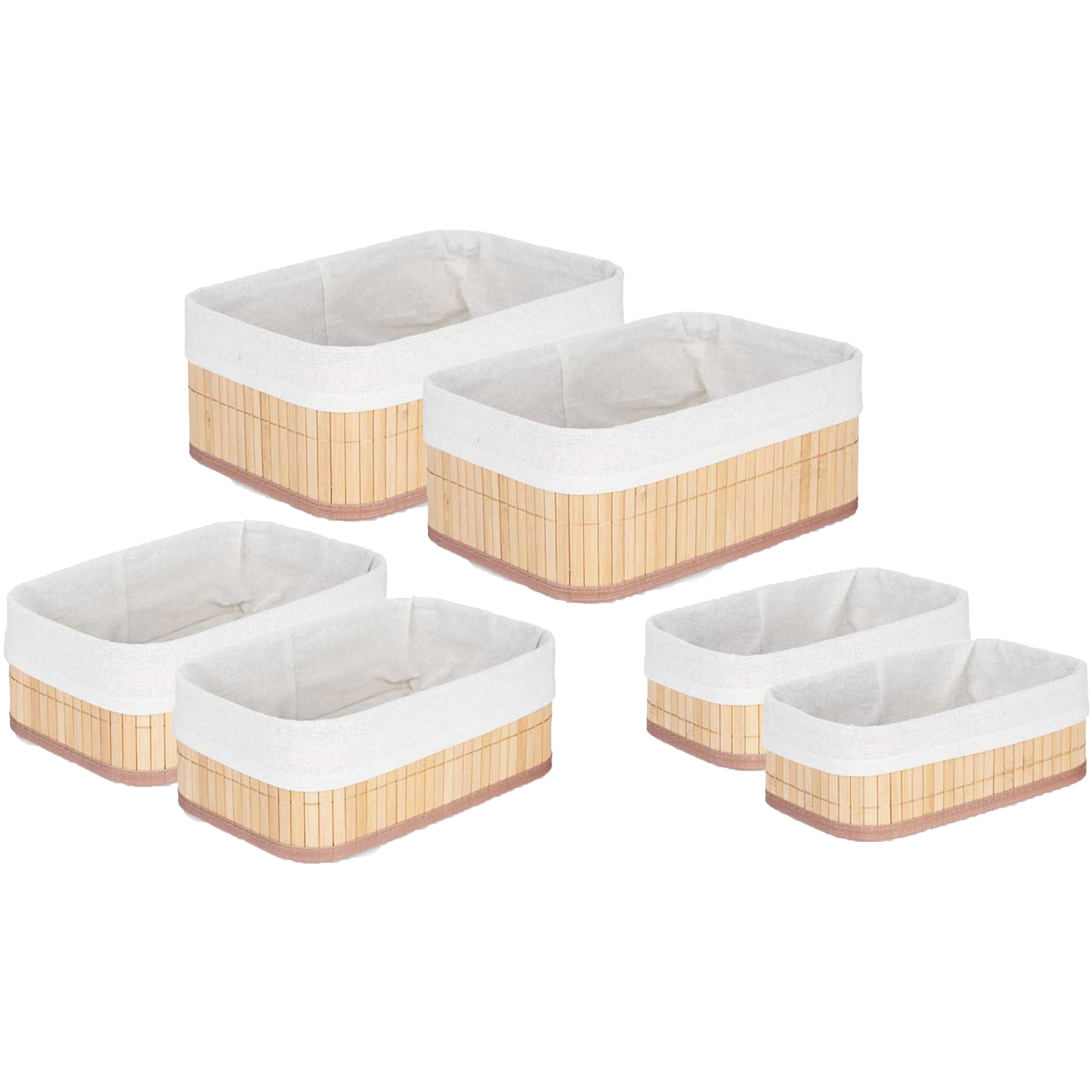 Kipit Badkamer-Toilet ruimte opbergmandjes bamboe-stof wit set 6x stuks