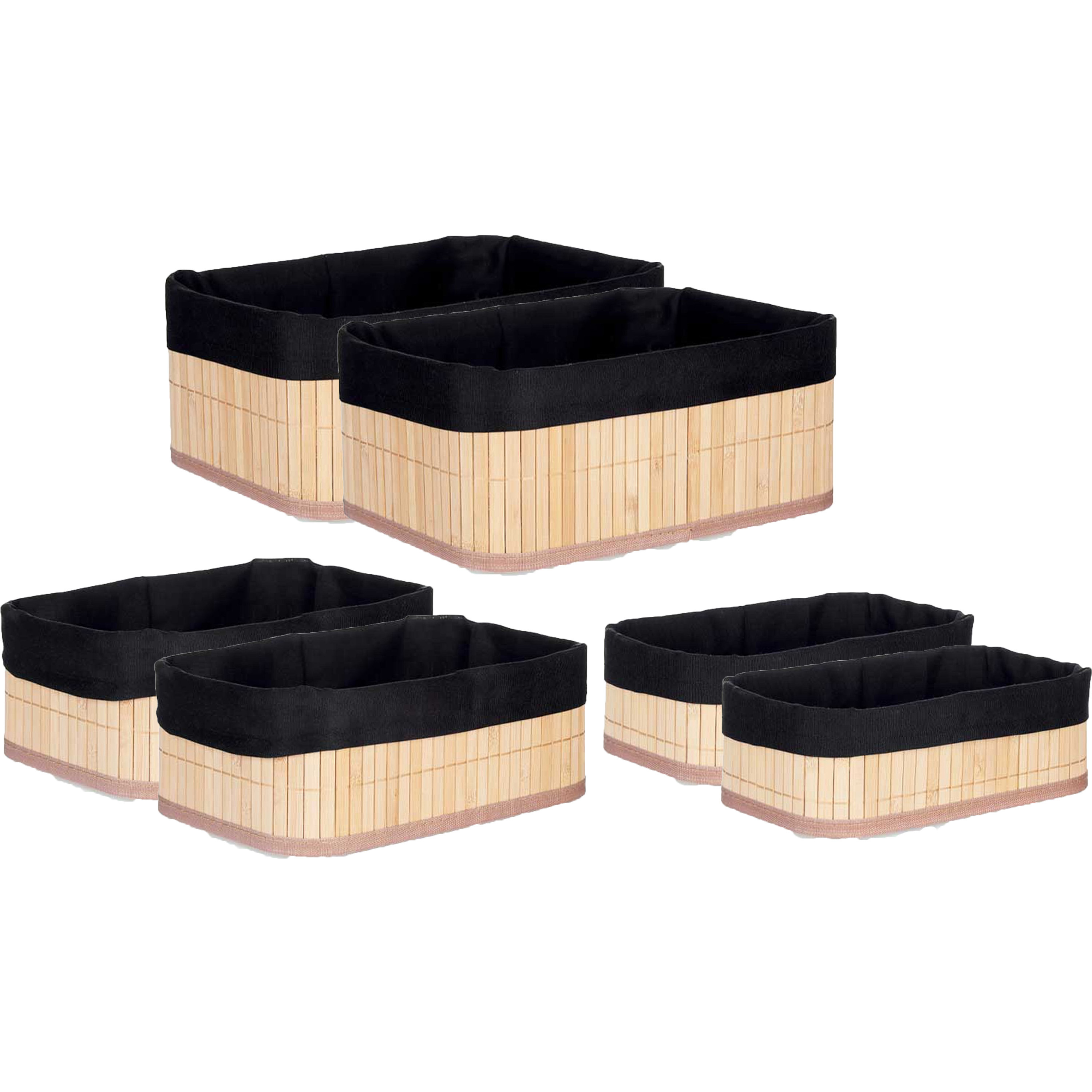 Kipit Badkamer-toilet ruimte opbergmandjes bamboe-stof zwart set 6x stuks