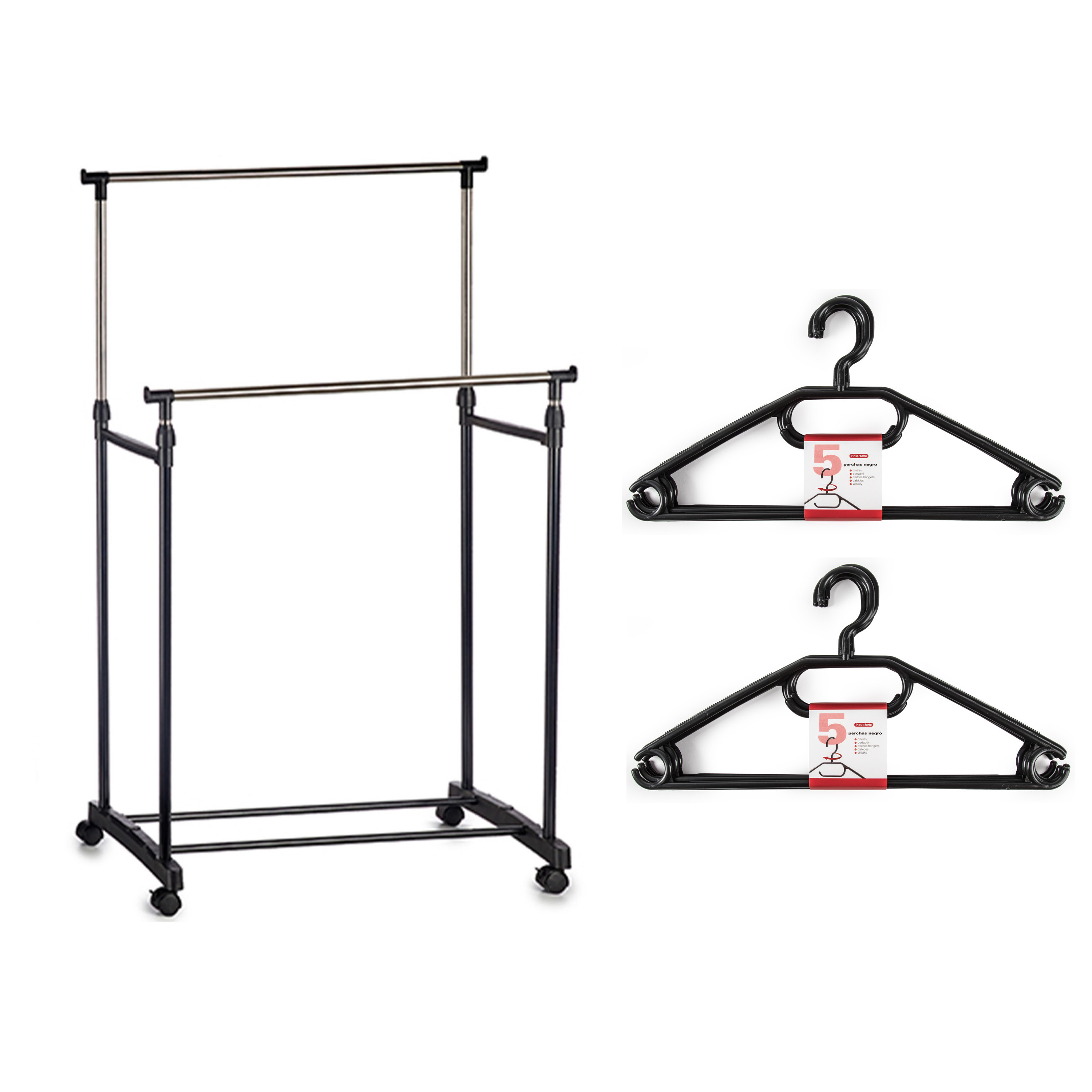 Kledingrek met kleding hangers dubbele stang kunststof zwart 80 x 42 x 160