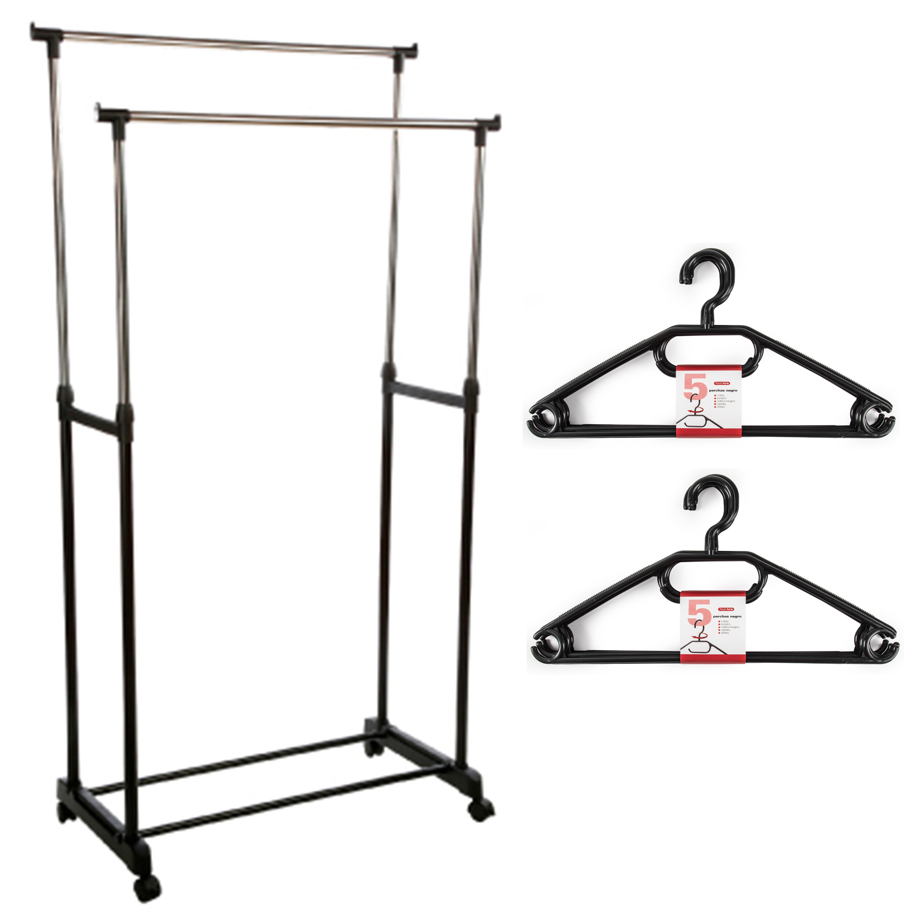 Kledingrek met kleding hangers dubbele stang kunststof zwart 80 x 42 x 170 cm
