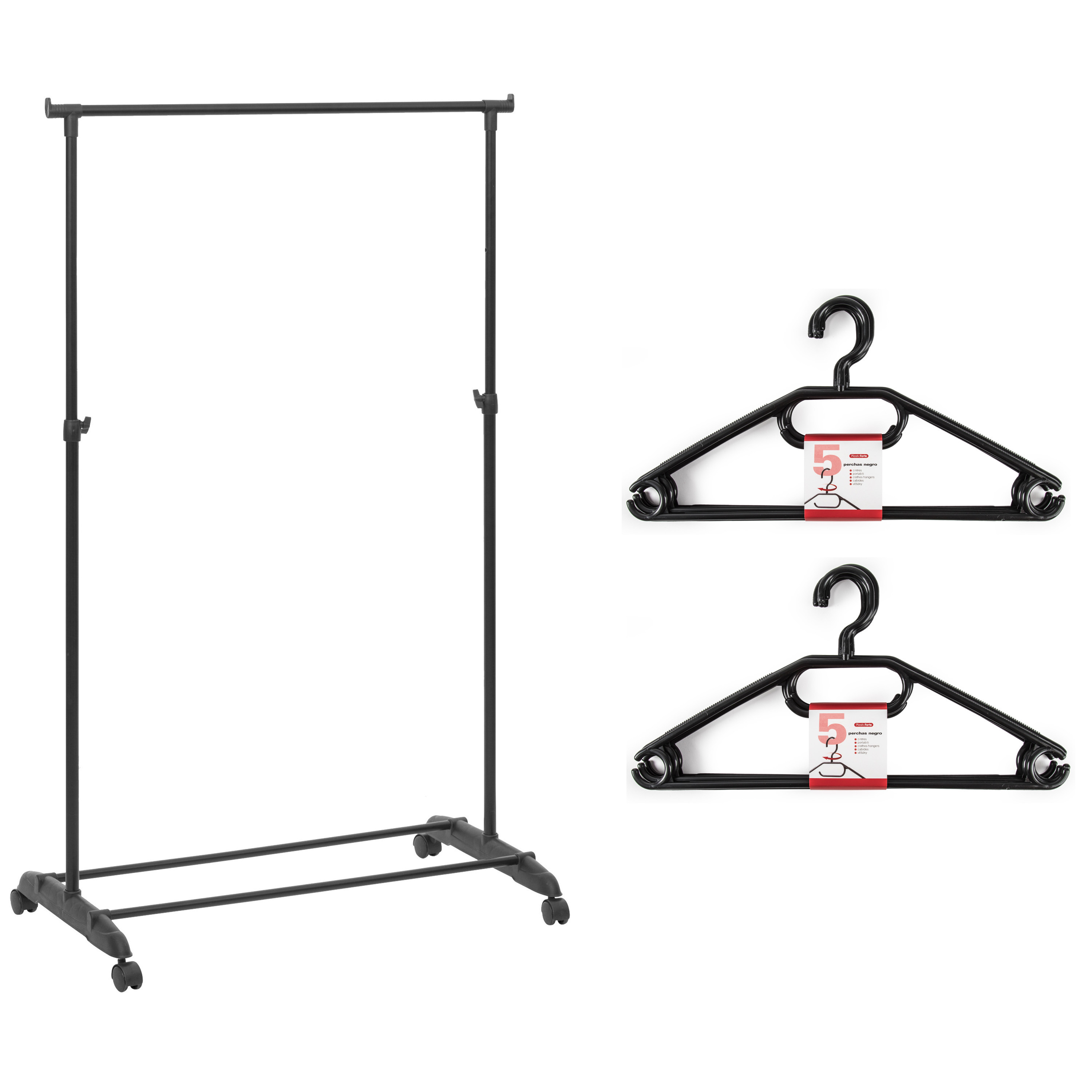 Kledingrek met kleding hangers enkele stang kunststof zwart 80 x 42 x 160 cm