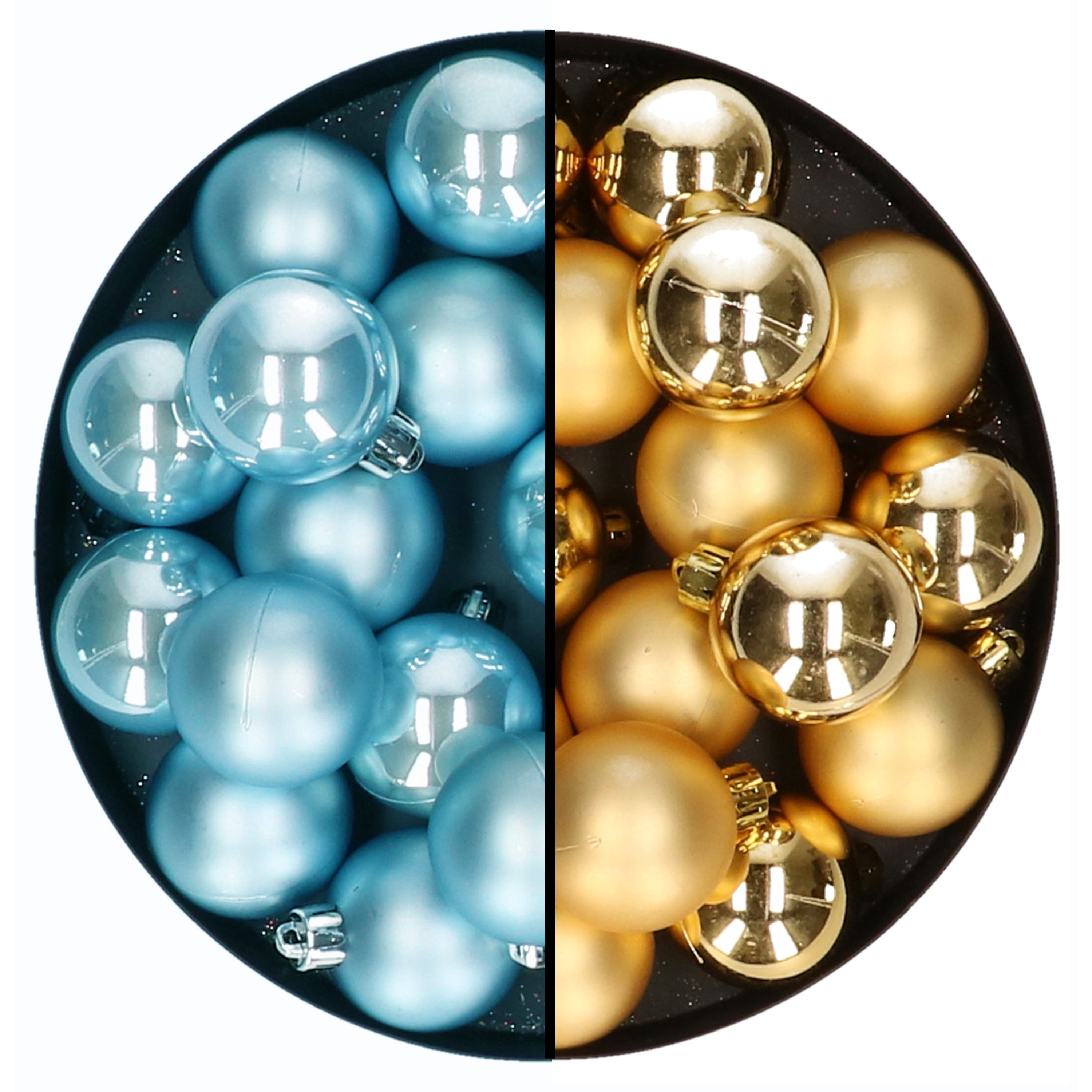 Kleine kerstballen 32x stuks mix goud en ijsblauw 4 cm kunststof