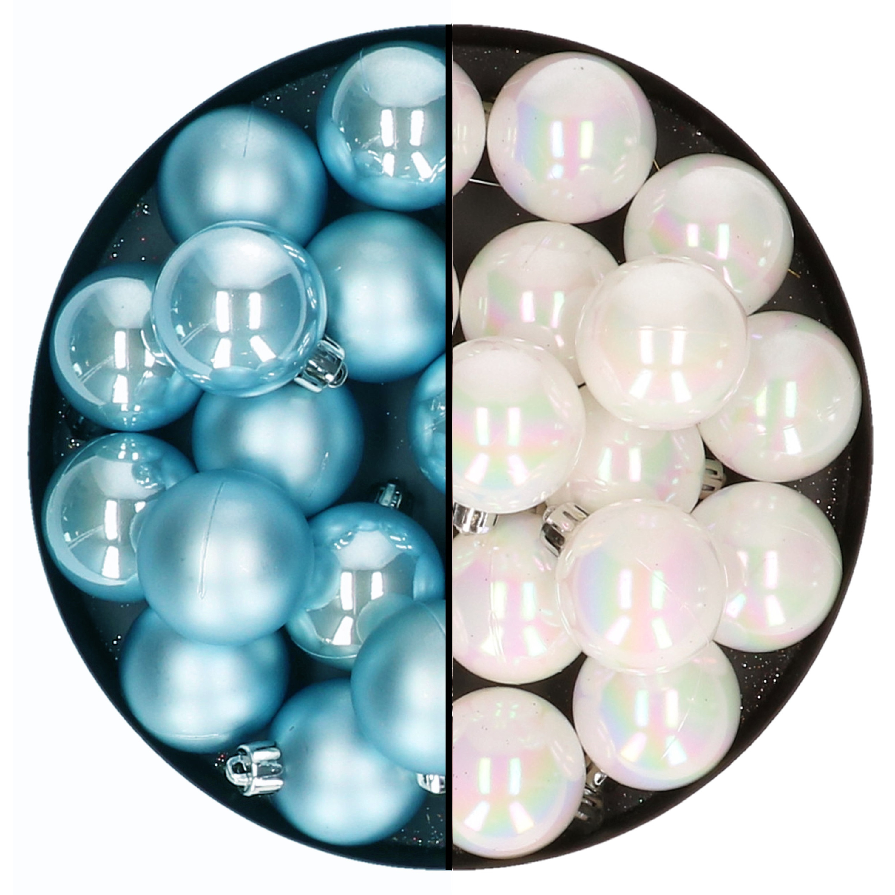 Kleine kerstballen 32x stuks mix parelmoer wit en ijsblauw 4 cm kunststof