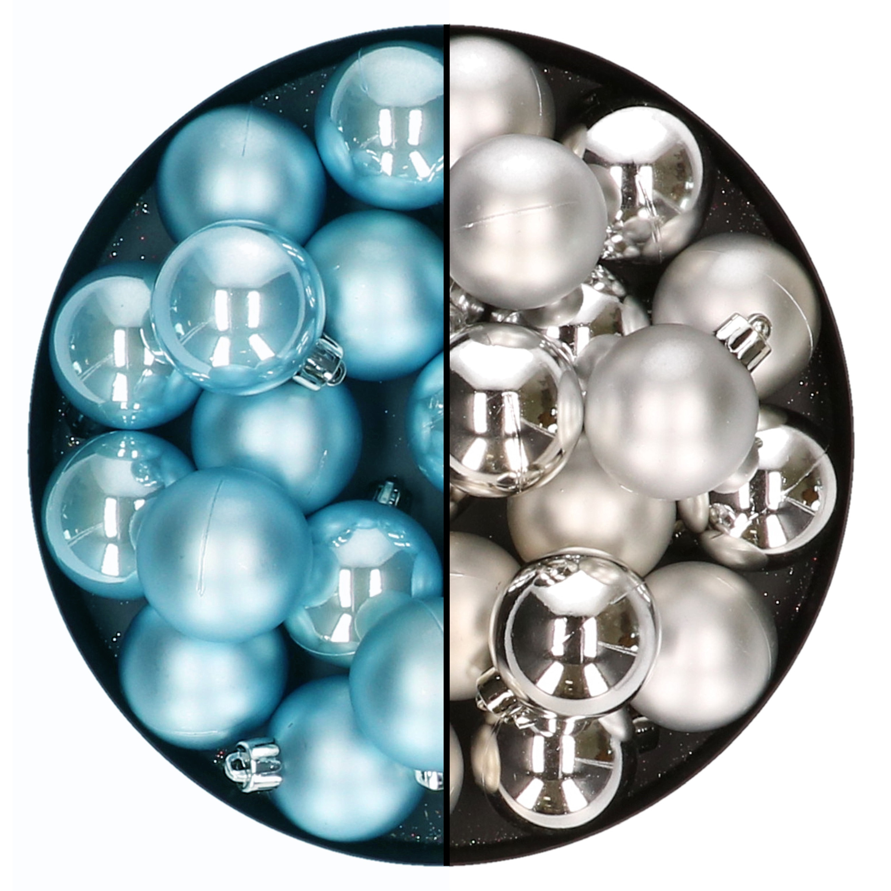 Kleine kerstballen 32x stuks mix zilver en ijsblauw 4 cm kunststof