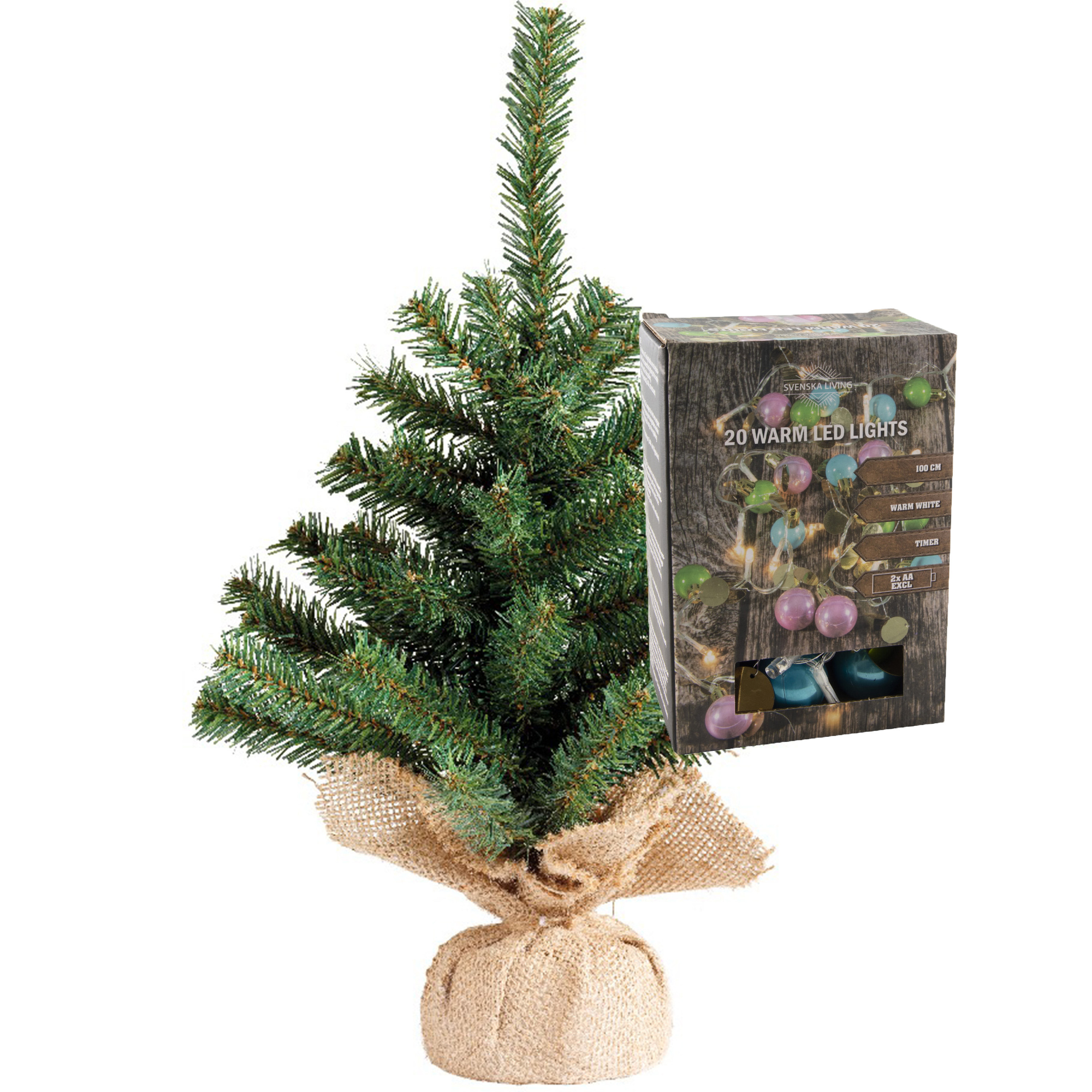 Kleine kunst kerstboom H45 cm- incl. gekleurde kerstballen lichtsnoer