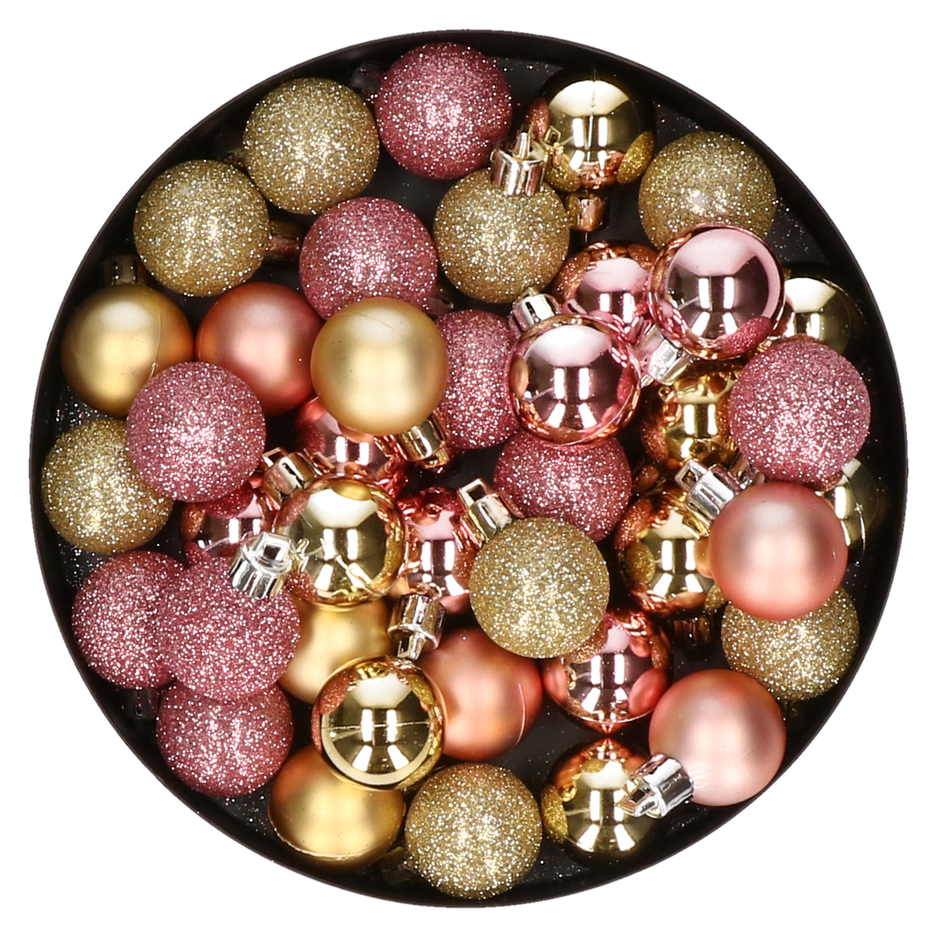 Kleine kunststof kerstversiering 40x stuks set en 3 cm kerstballen in het goud en roze