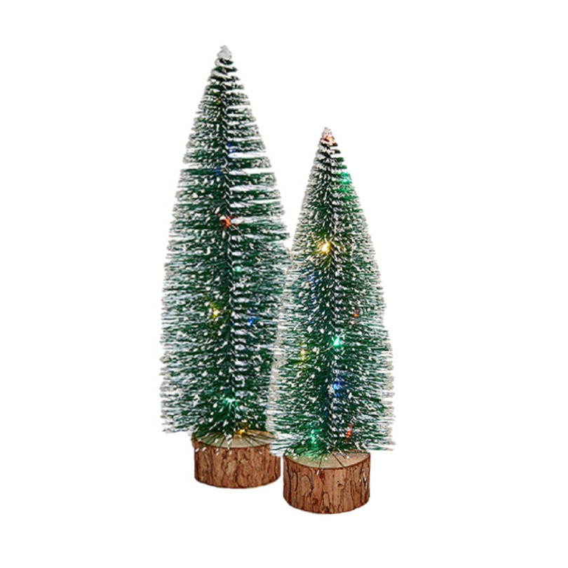 Kleine-mini decoratie kerstboompjes set van 2x st met gekleurd licht 25-30 cm