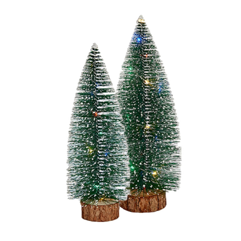 Kleine-mini decoratie kerstboompjes set van 2x st met gekleurd licht 30-35 cm