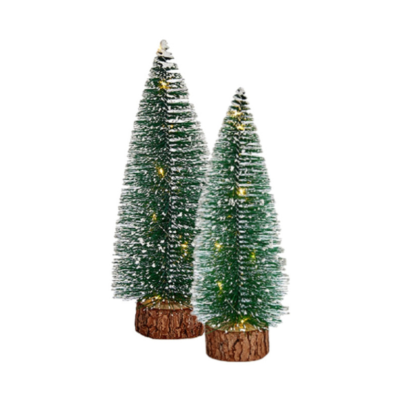 Kleine-mini decoratie kerstboompjes set van 2x st met licht 25-30 cm