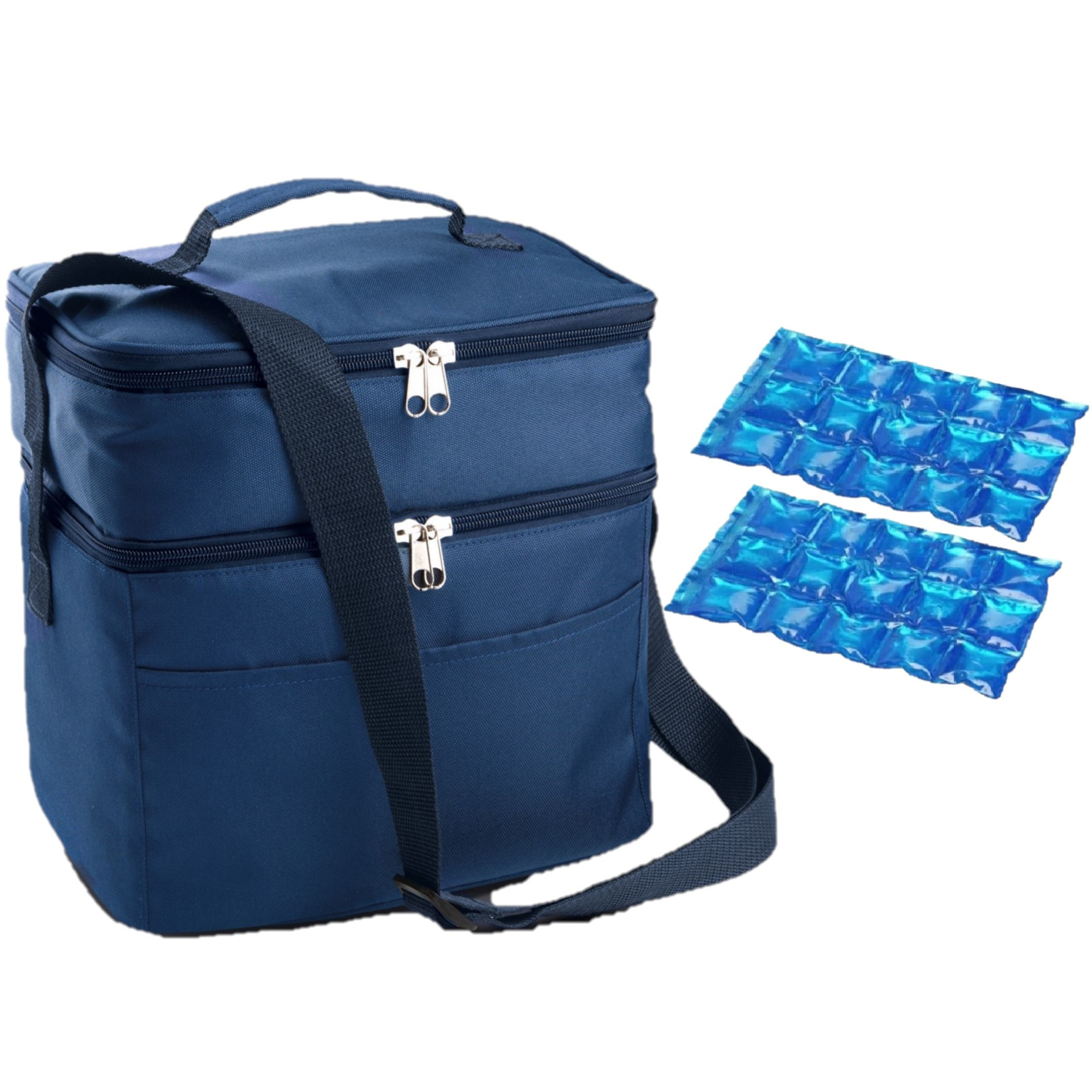 Koeltas draagtas schoudertas blauw met 2 stuks flexibele koelelementen 13 liter