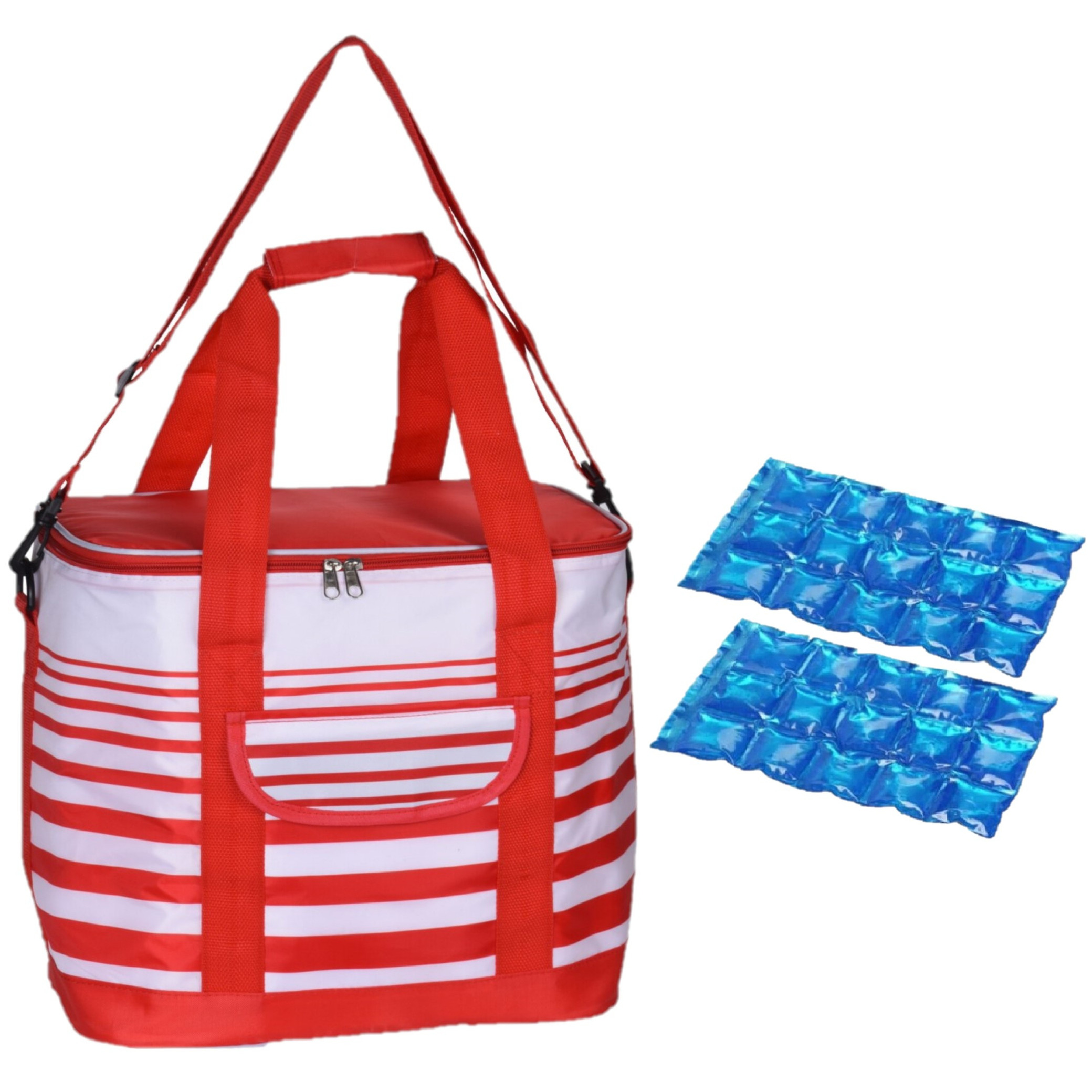Koeltas draagtas schoudertas rood-wit gestreept met 2 stuks flexibele koelelementen 12 liter