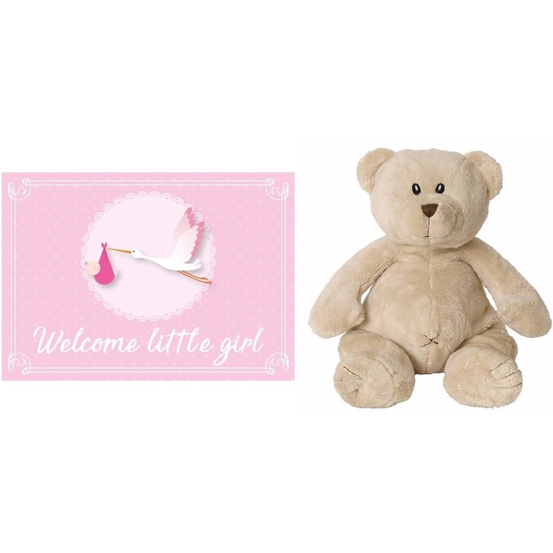 Kraamcadeau beren knuffel 17 cm met Welcome little girl wenskaart -ansichtkaart