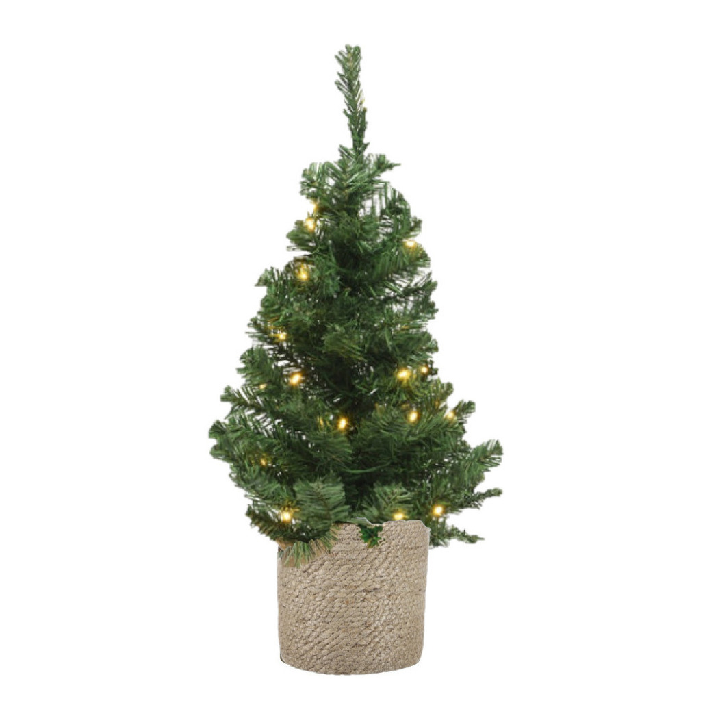 Kunst kerstboom-kunstboom 75 cm met verlichting inclusief naturel jute pot
