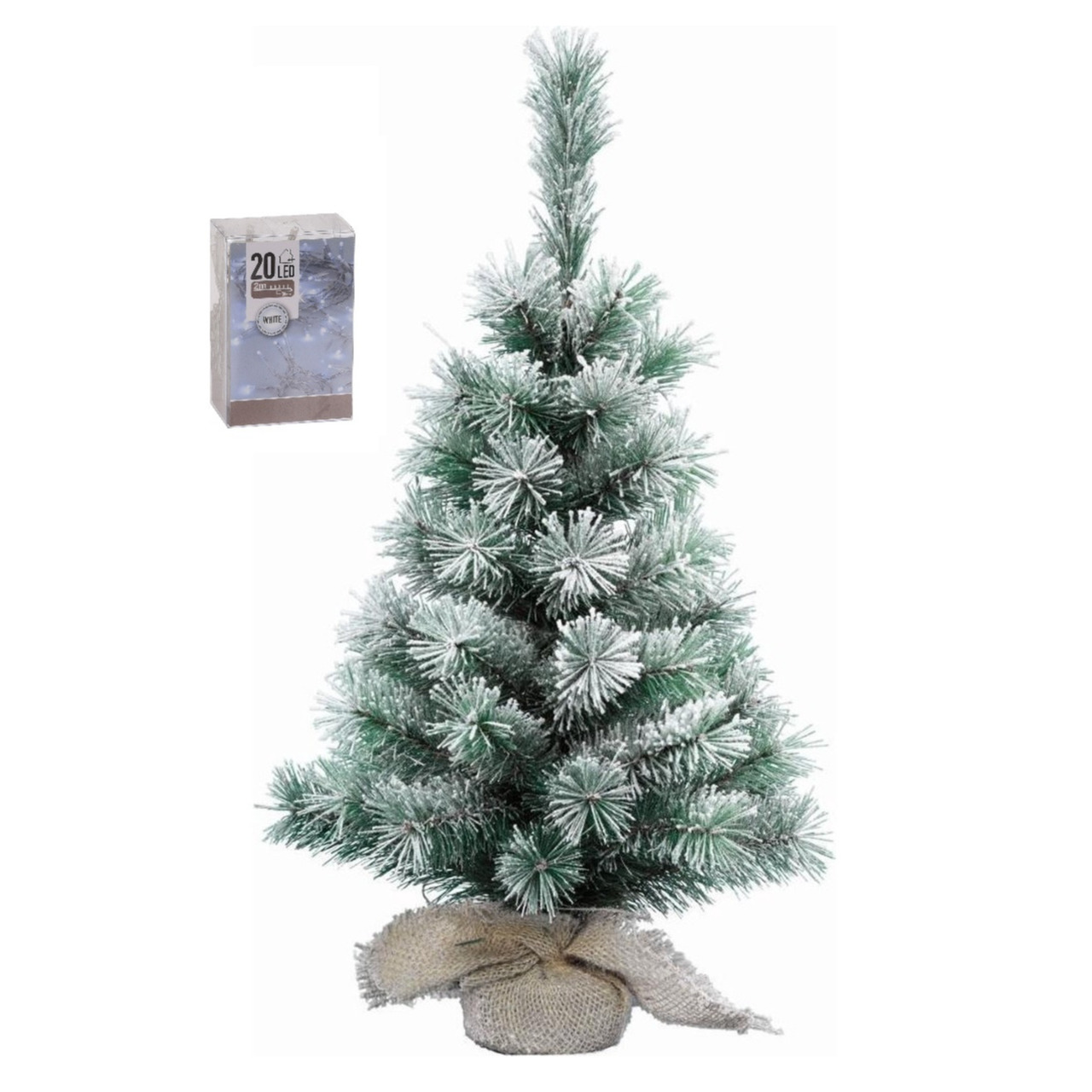 Kunst kerstboom met sneeuw 35 cm in jute zak inclusief 20 helder witte lampjes
